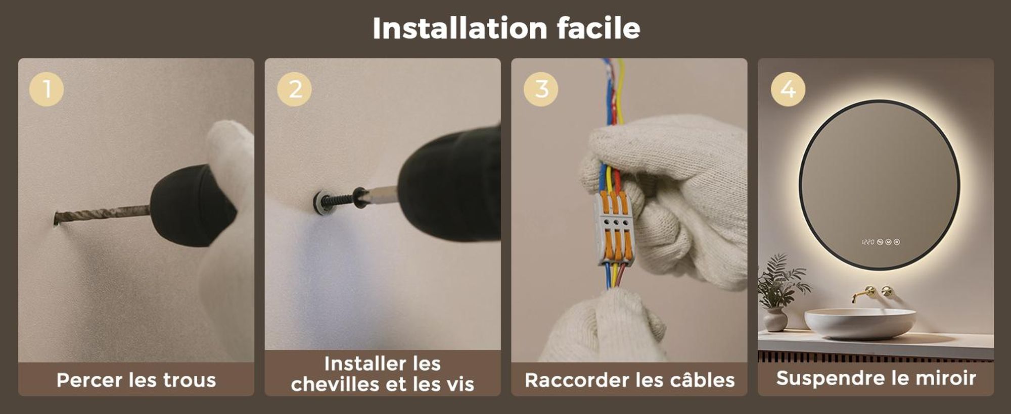S'AFIELINA Miroir Salle de Bain LED Rond 80 cm avec Éclairage, Cadre Noir, 3 températures de couleur, variateur, antibuée, horloge & température