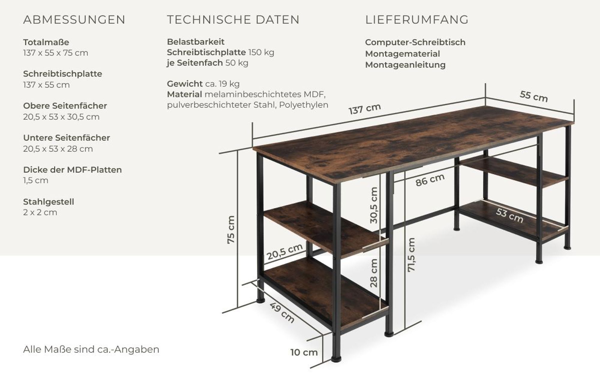 tectake® Computer-Schreibtisch Stoke 137 x 55 x 75 cm