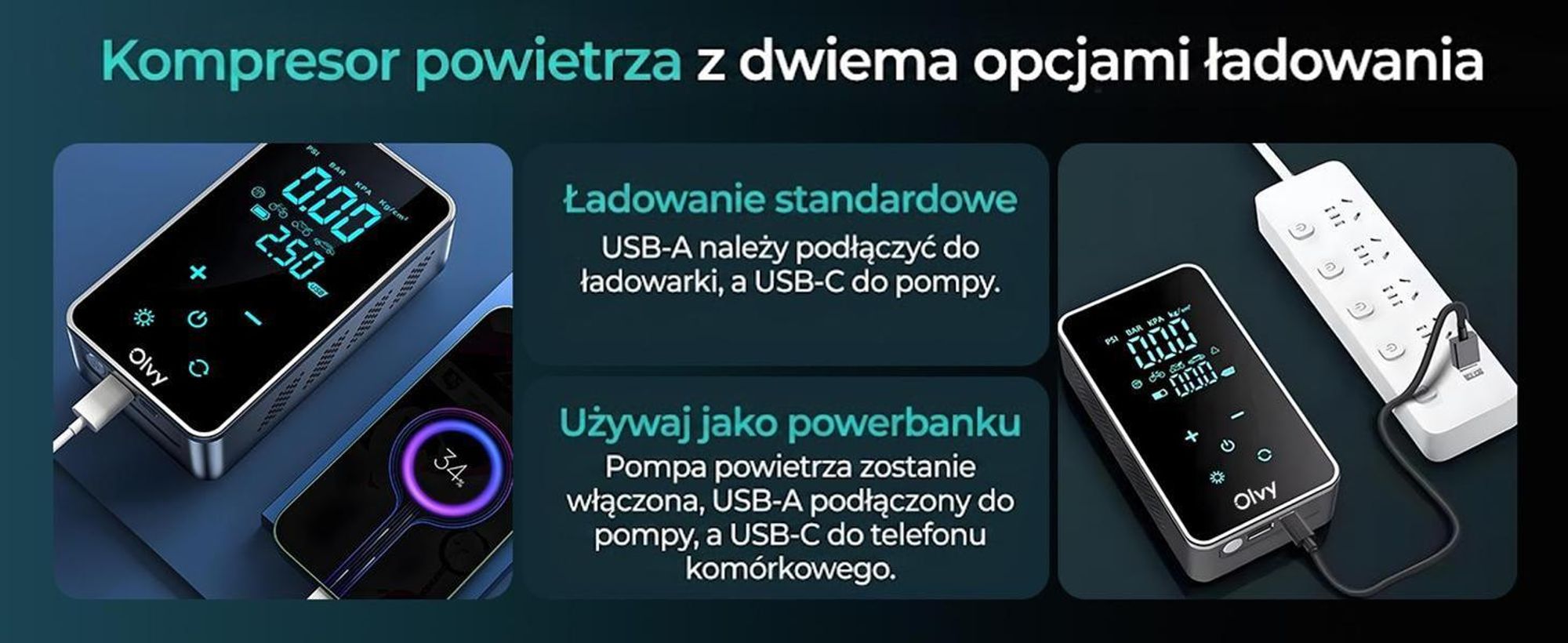 Olvy Kompresor powietrza, mini pompka do opon 7000 mAh, elektryczna pompka rowerowa Elektryczna pompka powietrza Mini kompresor samochodowy Powerbank do piłek rowerowych