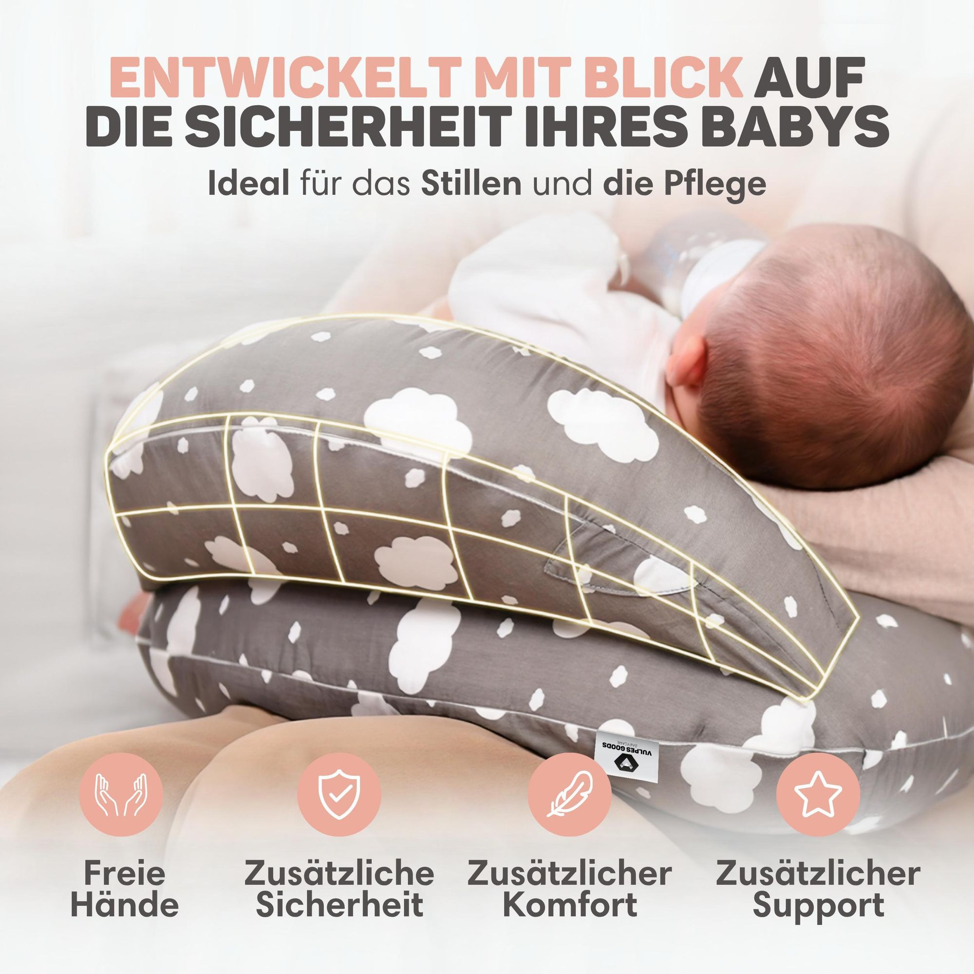 Vulpes Goods Stillkissen 3-in-1 | U-förmiges Schwangerschaftskissen für Babyunterstützung | Lagerungskissen Baby für Stillen | 60 x 72 x 16 cm