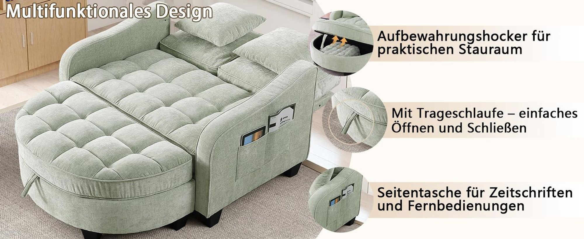 MODFU Multifunktionales Sofa Schlafsofa mit Aufbewahrungs-Hocker,Relaxsofa mit rutschfeste Kunststoffbeine,Cyan