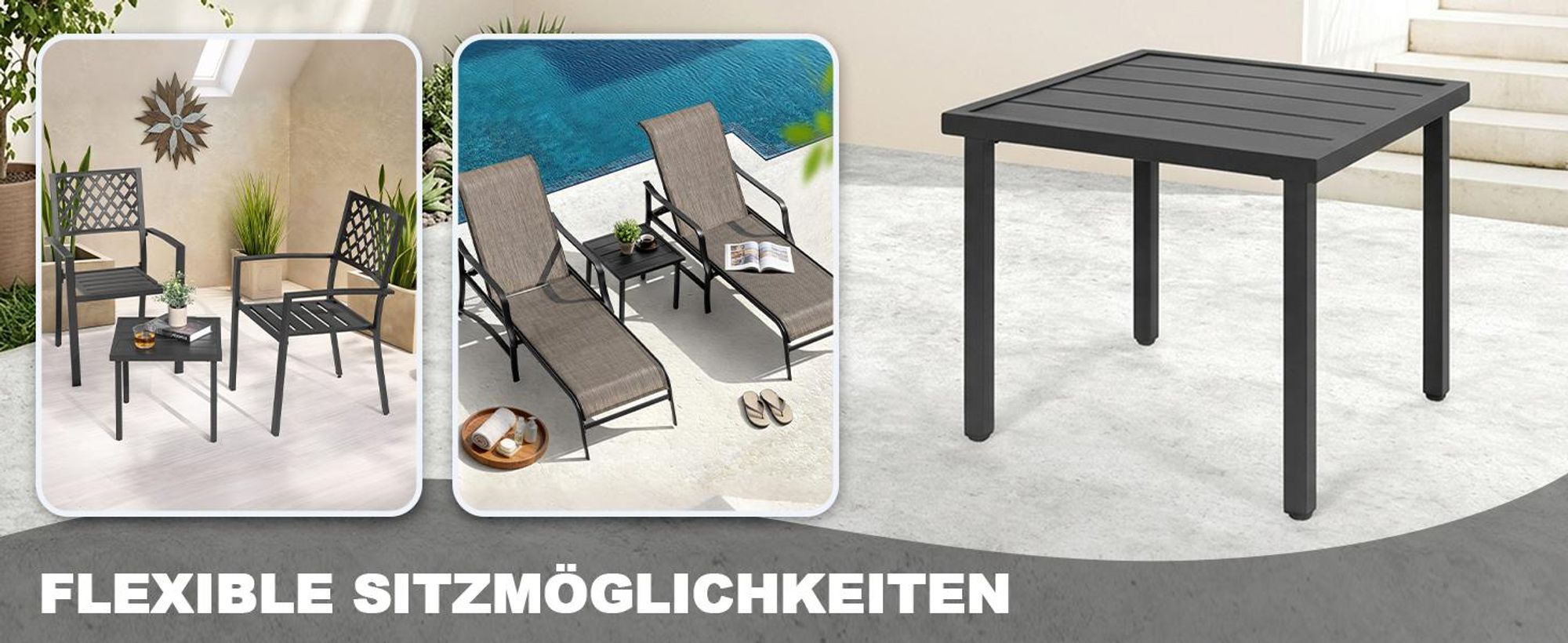 Avestar Beistelltisch 44x44x41 cm, Gartentisch mit Lattenrost und verstellbaren Füßen, pulverbeschichteter Metall, wetterfester Couchtisch, Schwarz