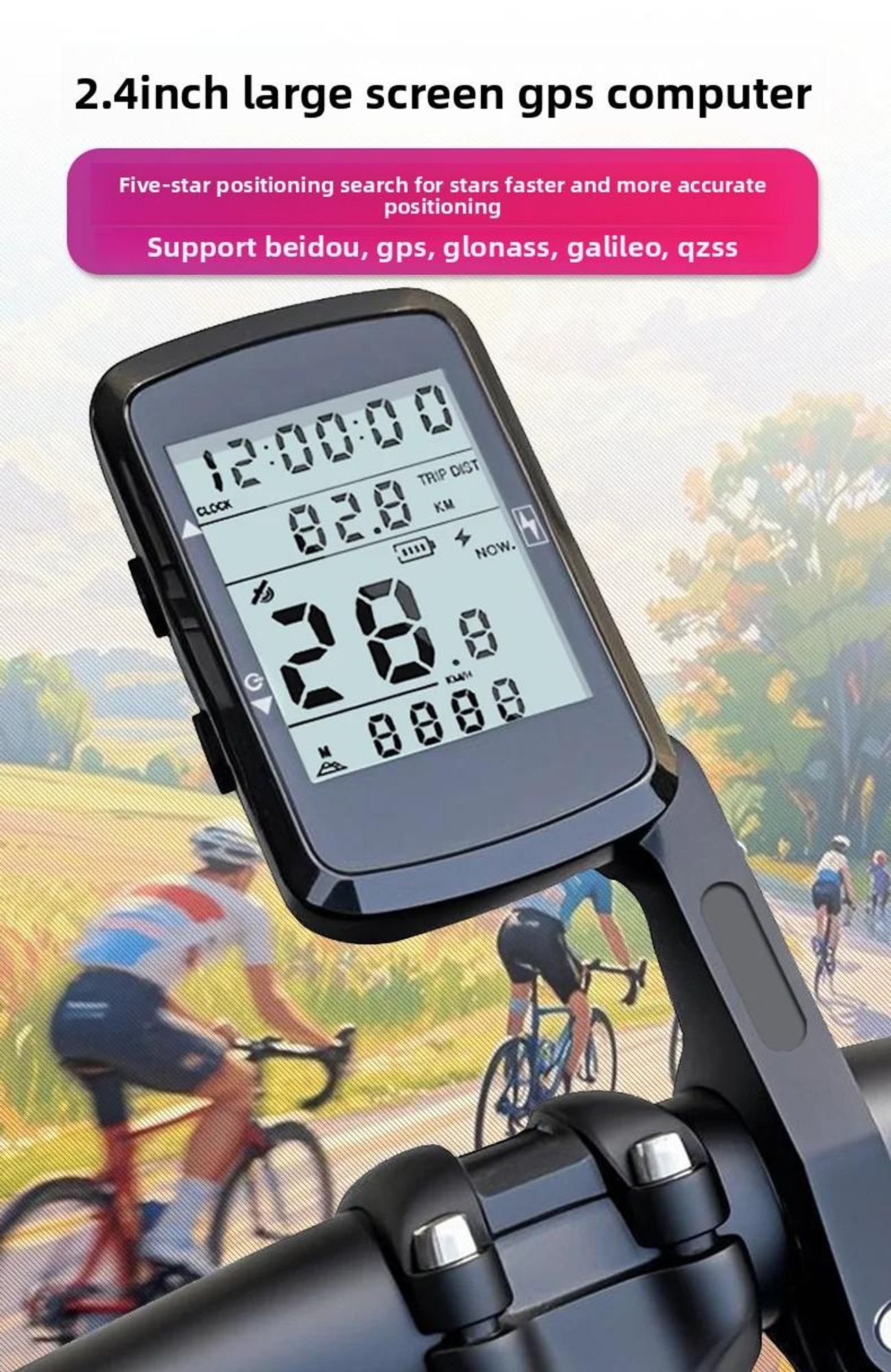 GPS-Fahrradcomputer, kabellos, wasserdicht, 2,4-Zoll-Bildschirm, Tachometer, Kilometerzähler, ANT+, Bluetooth 5.0, für Radsporttraining und Navigation