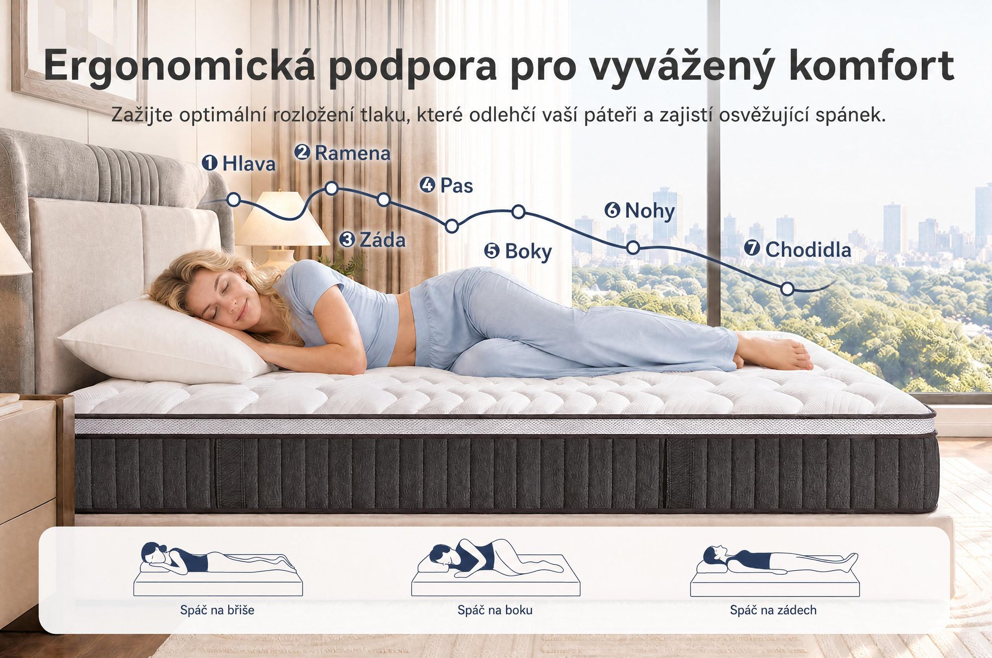 Matrace 120x200 cm, výška 22 cm, s integrovanou vrchní vrstvou, 7 zón, s pružinovým jádrem s kapslovými pružinami, tvrdost H3/H4