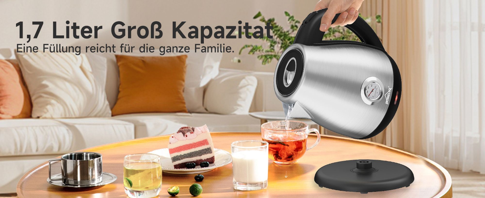 HOMELUX 1,7L Wasserkocher Edelstahl 2200W Retro Wasserkocher Elektrischer mit Analogem Thermometer & sichtbarer Wasserstand, LED-Beleuchtung, Silber