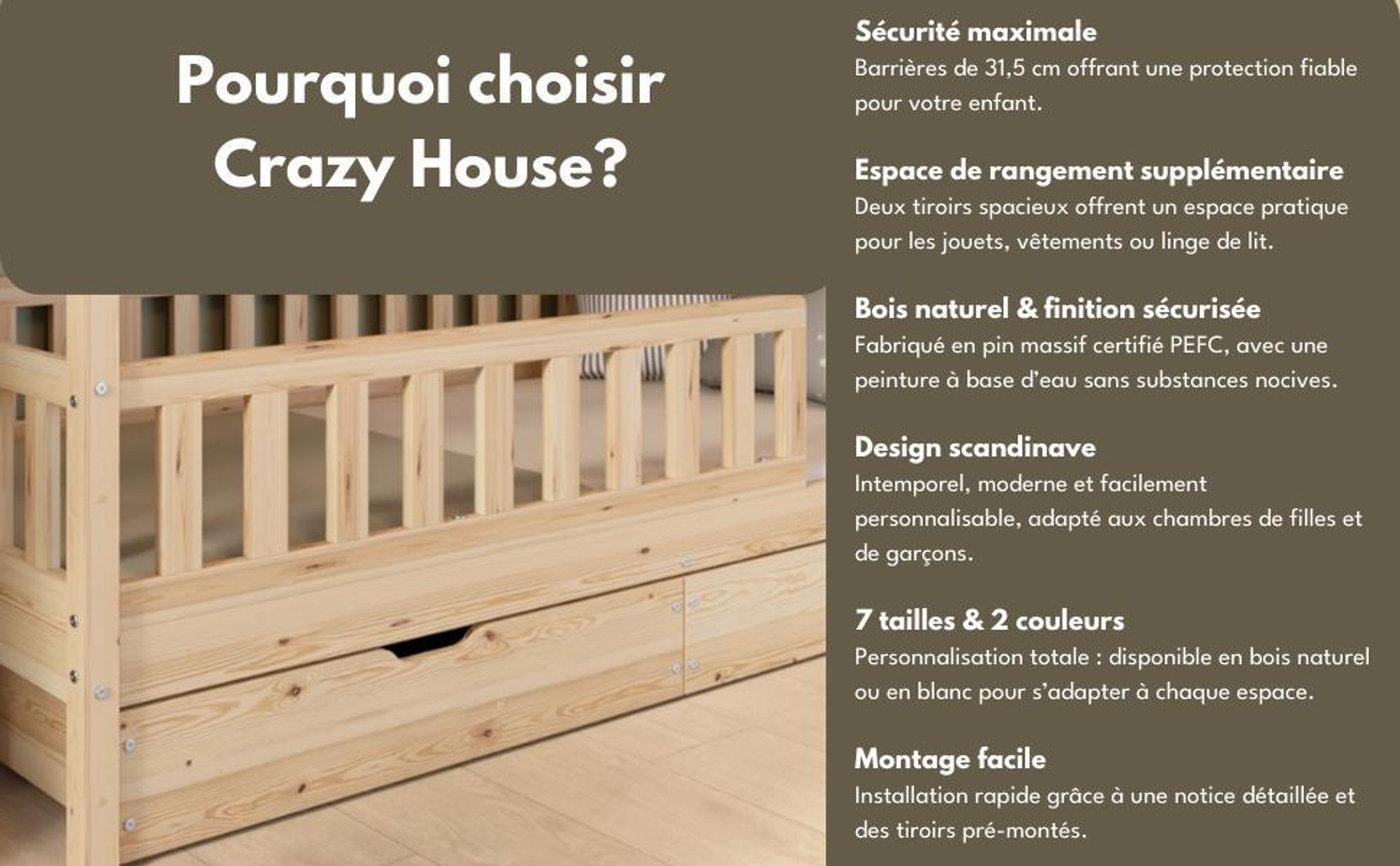 Crazy Pine Lit cabane avec tiroirs 100x200 cm - Lit d'enfant en bois naturel - Lit au sol avec espace de rangement et barrière amovible - Crazy House