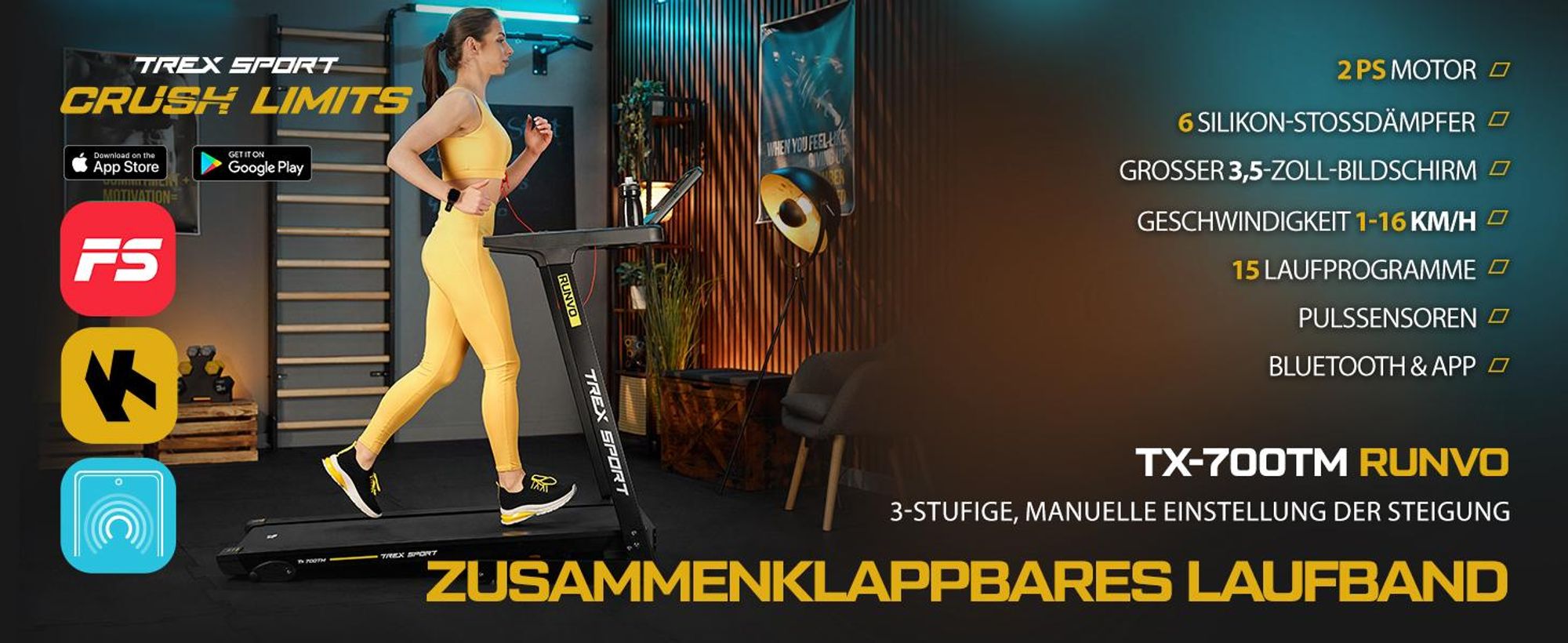 TREX SPORT Laufband für zuhause klappbar elektrisch TX-700TM RUNVO | Treadmill mit LCD-Display, Bluetooth, bis 16 km/h, 15 Programme, 2 PS, bis 120kg