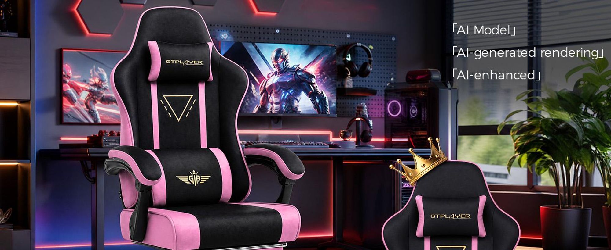 Chaise de gaming GTPLAYER, ergonomique, avec revêtement en tissu, coussin de siège à ressort, accoudoirs réglables et repose-pieds, capacité de poids de 150 kg