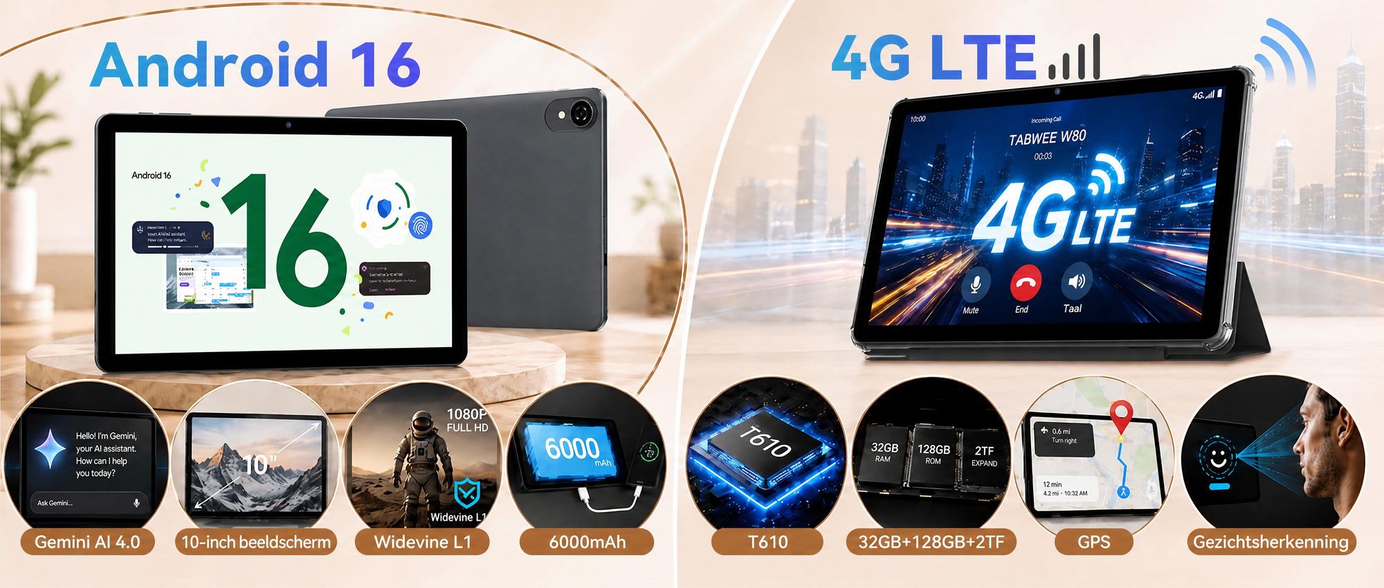 2026 W80 10.1" tablet met 120Hz, 32+128GB/2TB opslag, Android 16, Gemini AI 4.0, Widevine L1, 4G SIM + 5G WiFi, 6000mAh batterij, OTG-ondersteuning, met toetsenbord, muis, stylus en beschermhoes