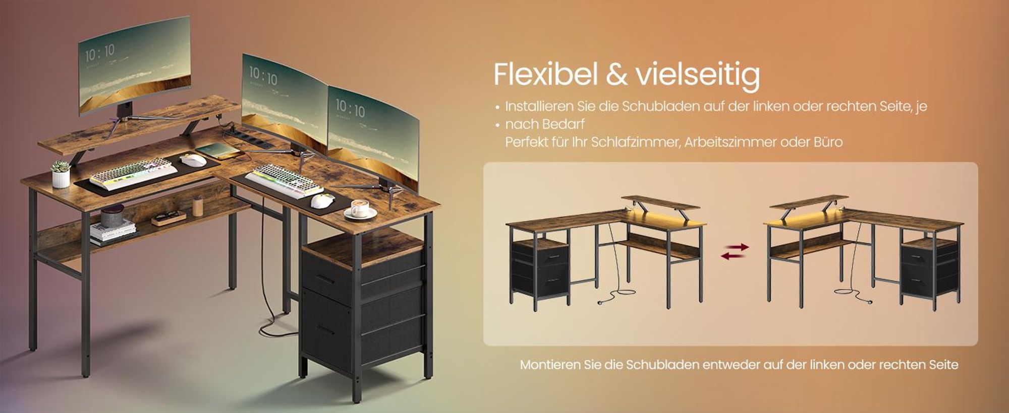VASAGLE Schreibtisch, L-förmiger, mit Steckdosen, LED-Beleuchtung, USB-Anschlüsse