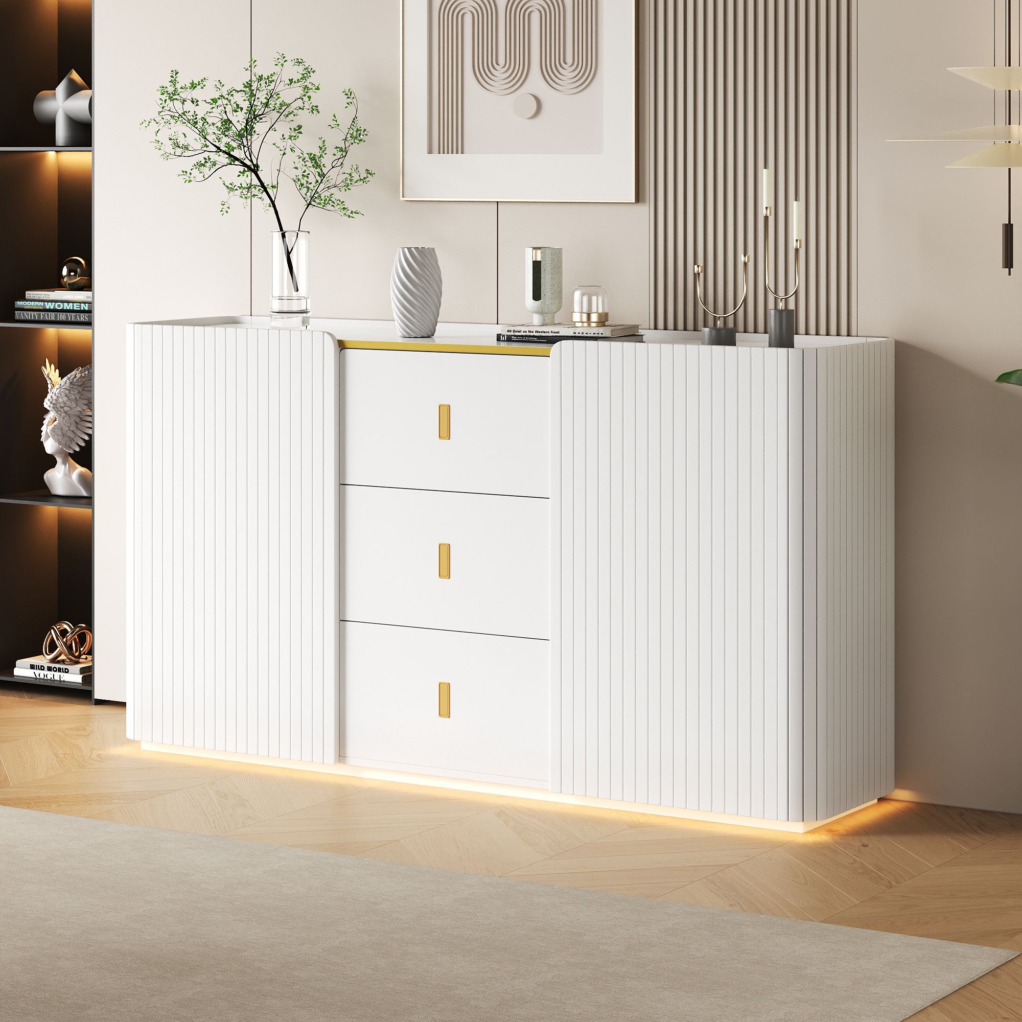 Merax LED Sideboard 150 cm Breite, Multifunktionale Anrichte, Kommode mit 2 Türen und 3 Schubladen, Highboard für Wohnzimmer, Küche, Weiß