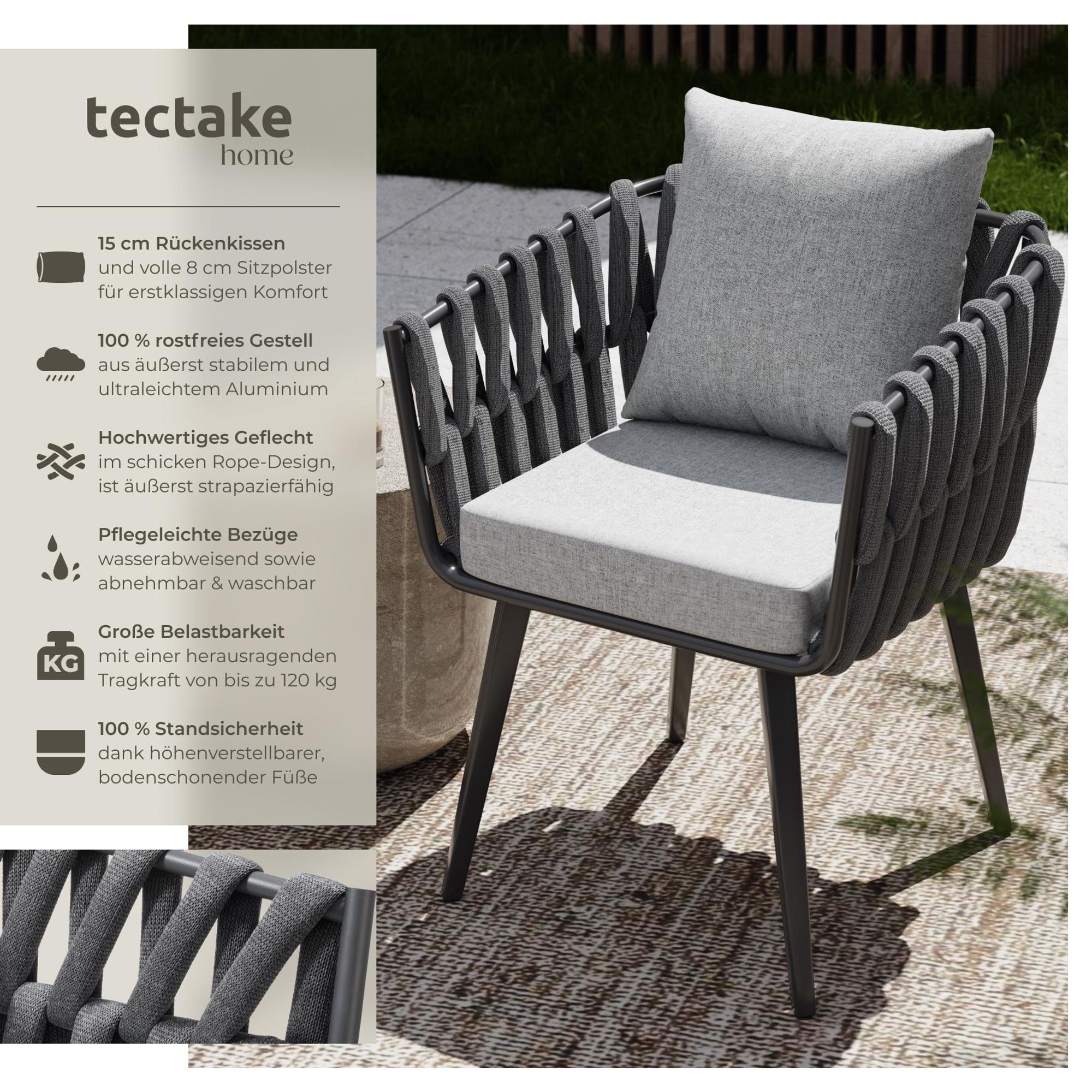 tectake® Stuhl Lugano im Rope-Design mit Aluminiumgestell