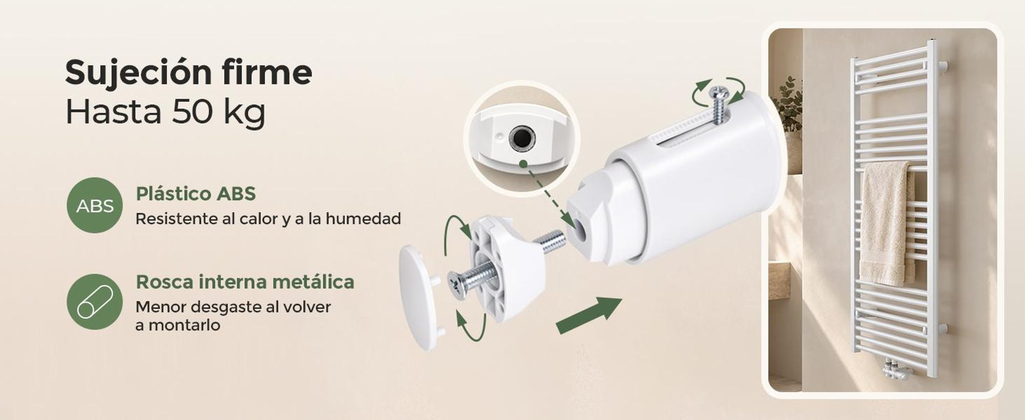 Soportes para radiador toallero, juego de 4, blancos, para tubos redondos rectos Ø22–25 mm, Distancia entre ejes 40–45 mm, ajuste de 20 mm, 1 pieza