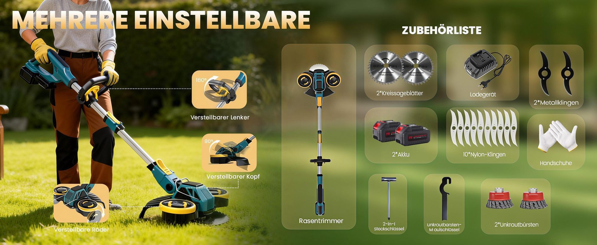 Akku Rasentrimmer, 4in1 Rasenkantenschneider, mit 2× 4000mAh Akku, kompatibel mit  Makita-Akkus, Bürstenloser Motor, Gartengerate mit Unkrautbürste