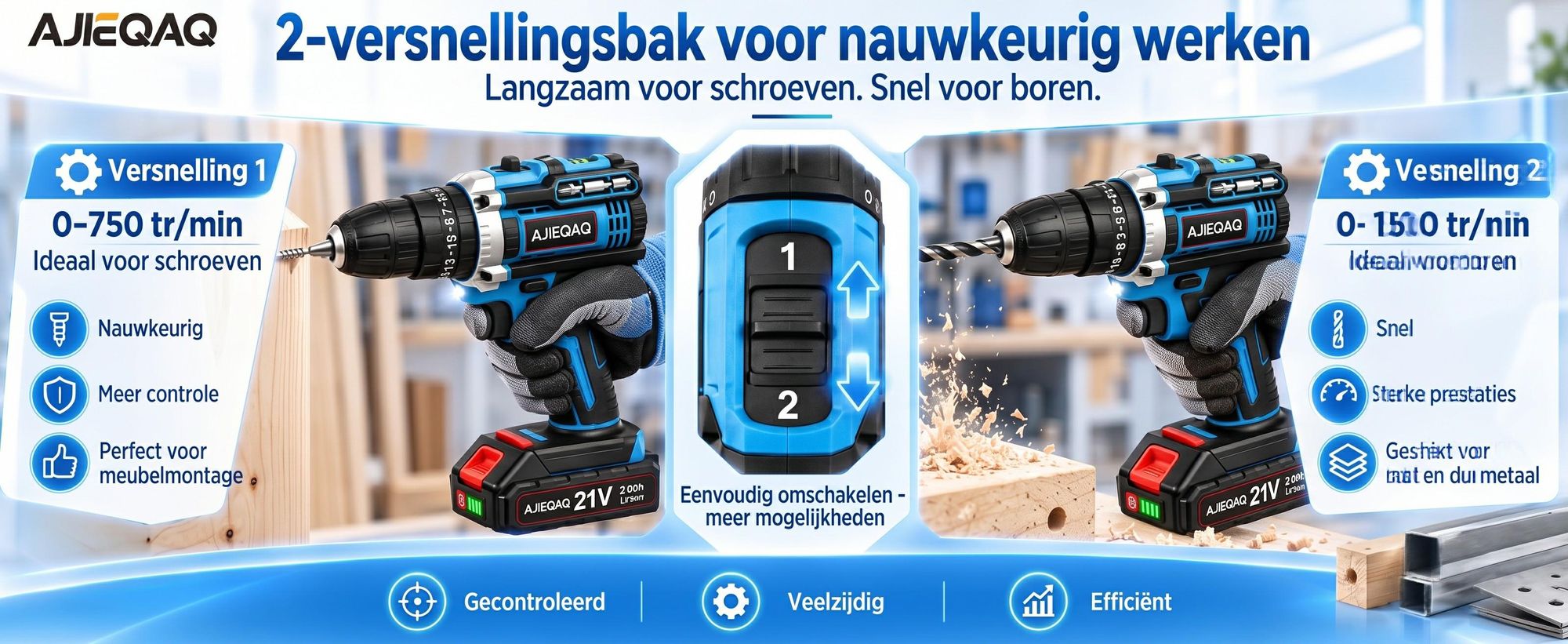 Accuschroevendraaier 21V set, accu-klopboormachine met 2×2,0Ah Li-Ion accu, 45Nm, 2 versnellingen, LED-werklicht, accessoires en koffer