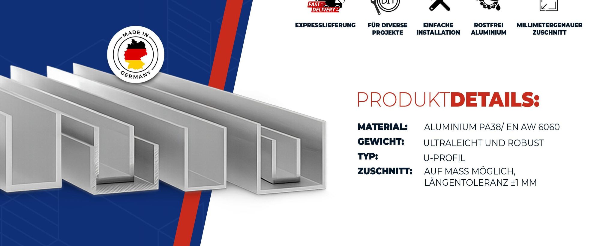 Aluminium, Alu profil, U-PROFIL, Alu, Galindustrial