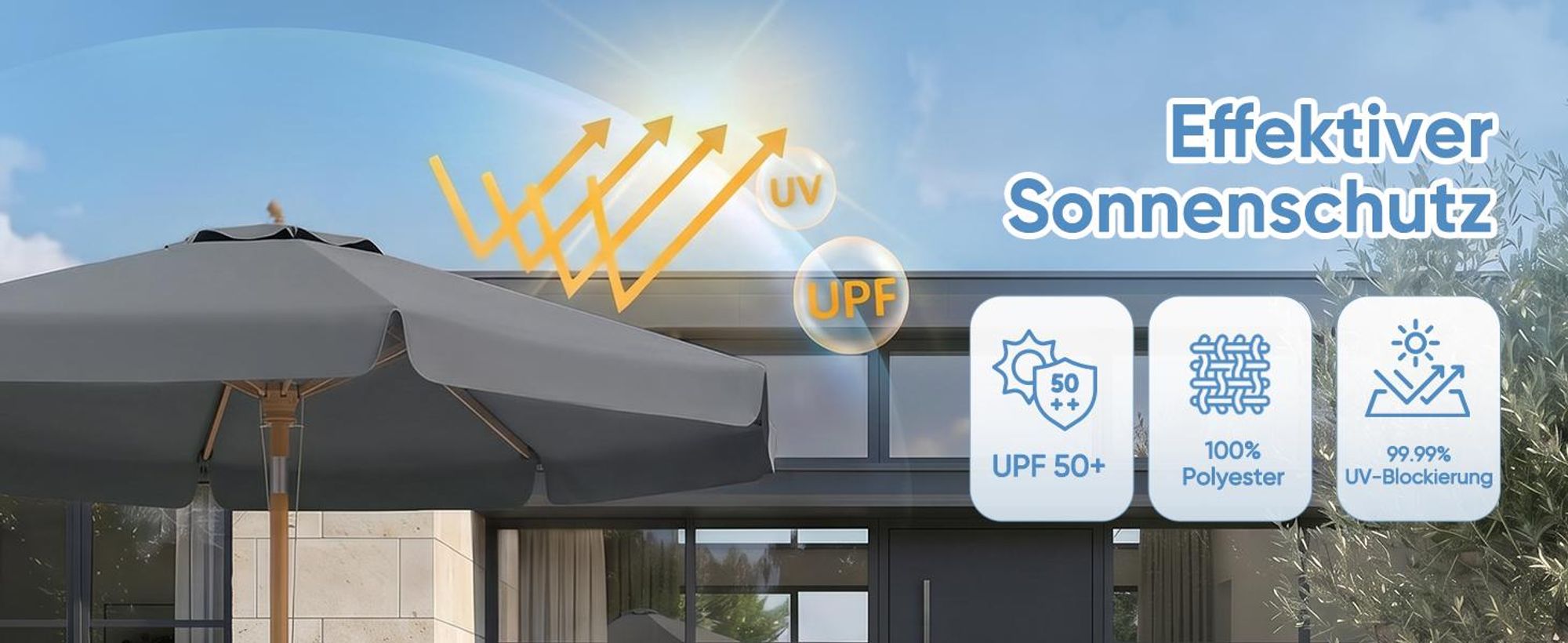 Sekey Balkonschirm 200 cm Ø Holzoptik, Knickbar, Stabiler Gartenschirm, UV-Schutz 50+, Sonnenschirm für Terrasse und Hof, Grau