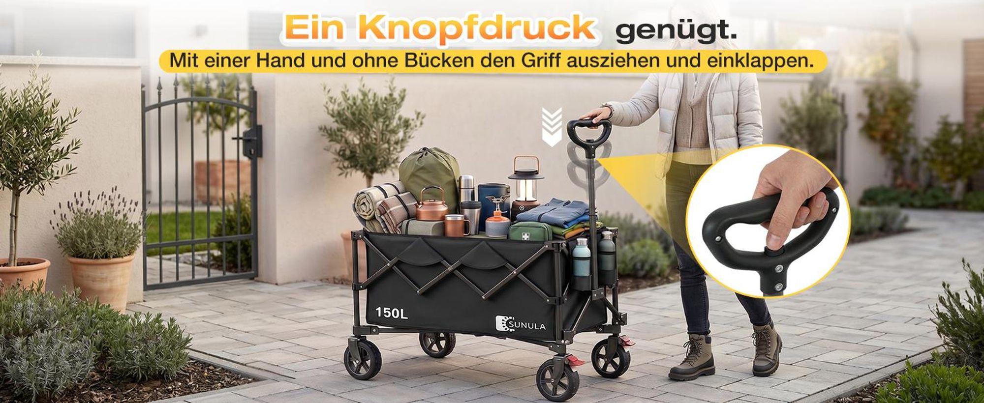 SUNULA Bollerwagen Faltbar Tragkraft 120 KG Handwagen mit EIN-klick-Handgriff, Schwarz