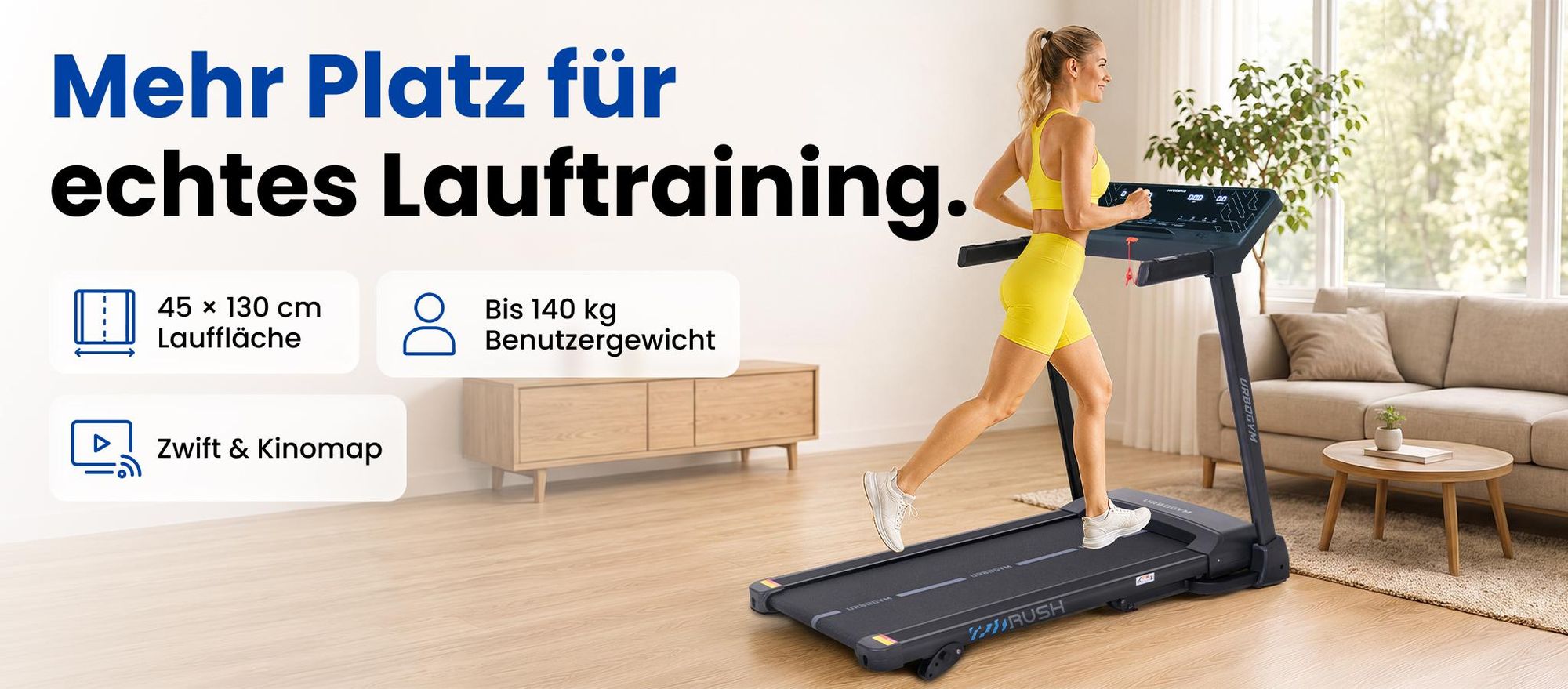 URBOGYM RUSH Laufband klappbar bis 16 km/h, 140 kg, 45 x 130 cm Lauffläche, 3 Steigungsstufen, 15 Programme, Bluetooth, Kinomap & Zwift, LED Display