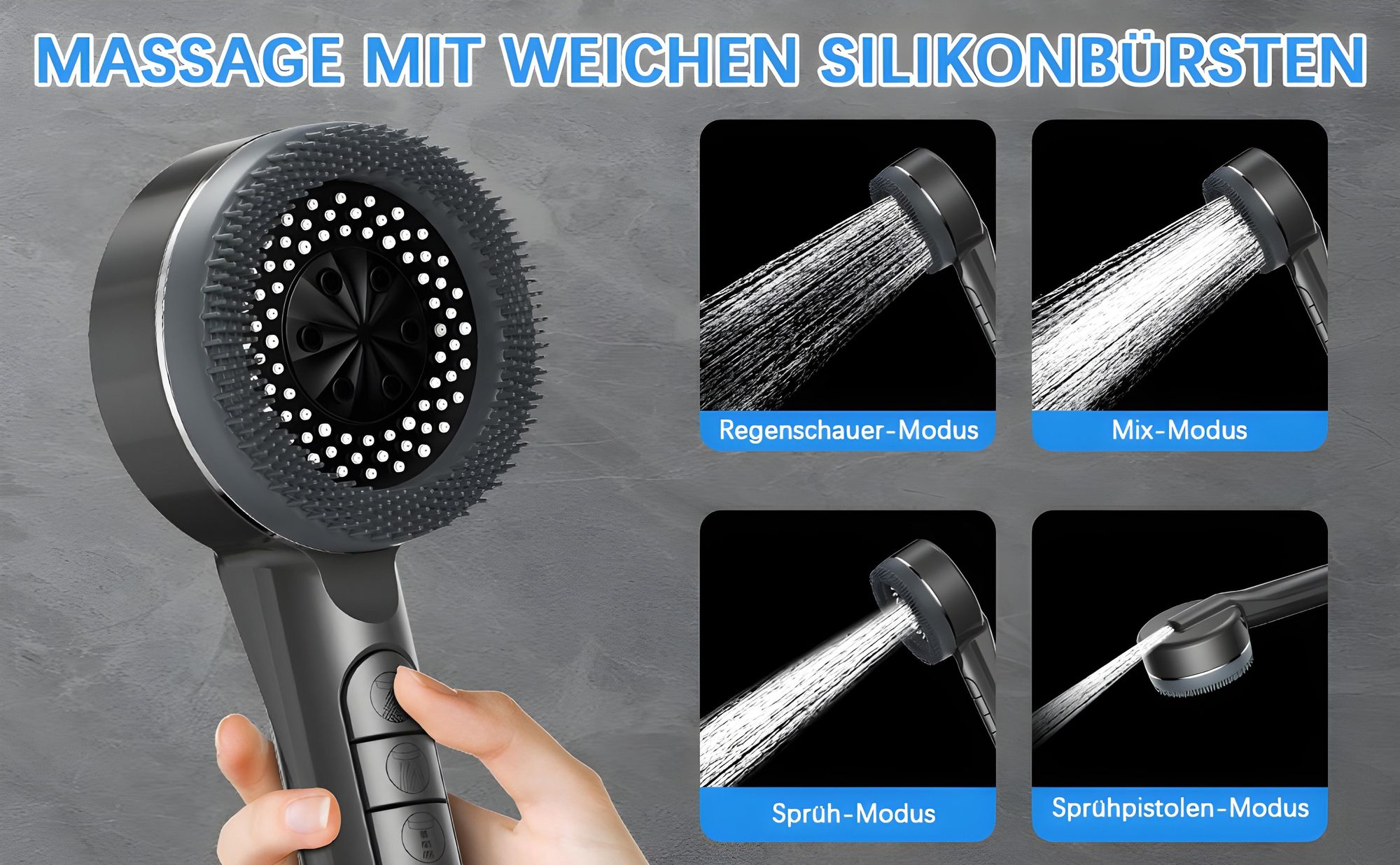 Duschkopf Drucksverstärkung, Wassersparend Duschbrause mit 4 Strahlarten, Tasteinstellung, ABS Verstärkt, Inkl. 3 Filter, Wandhalterung und Schlauch