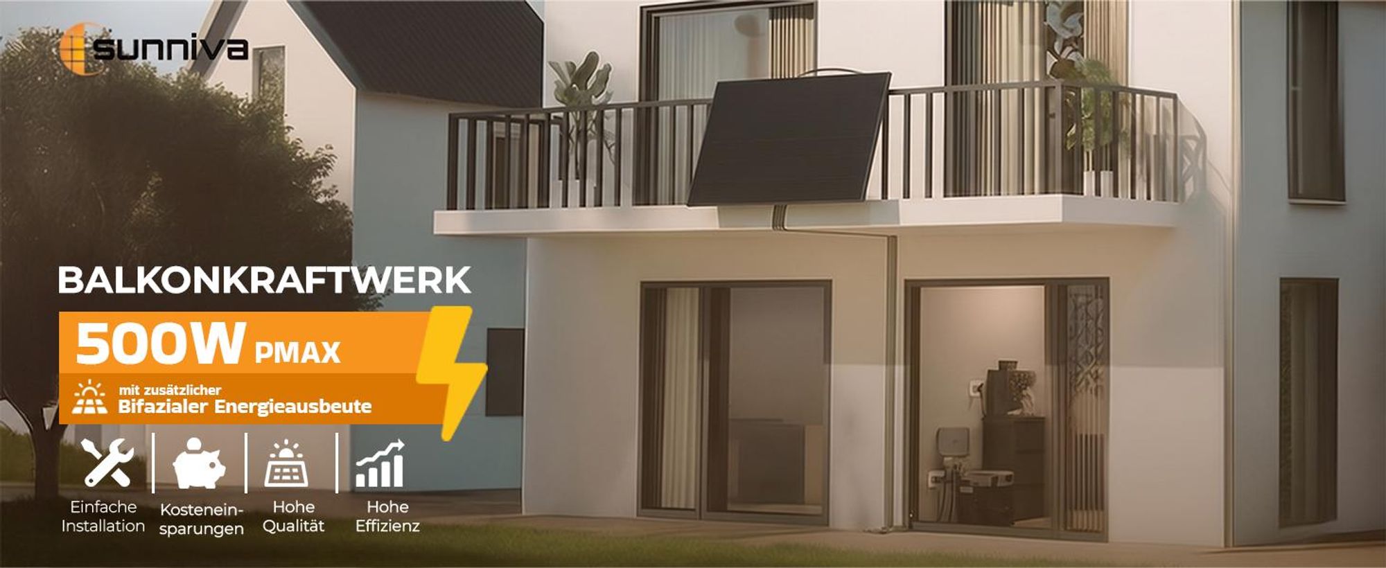 SUNNIVA® 500W Balkonkraftwerk BIFAZIAL FULLBLACK komplett Steckdose HOYMILES 400 Watt Wechselrichter, Komplettset 1x 500W PV Solaranlage Solarmodule