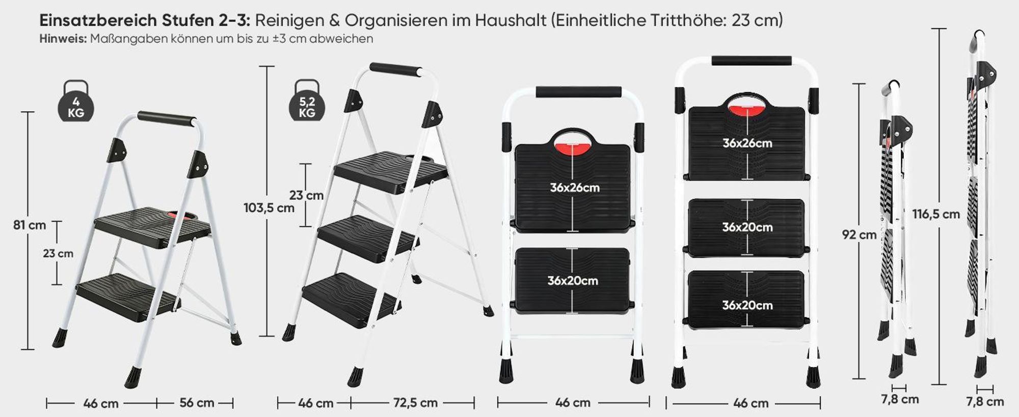 Sekey Trittleiter Klappbar 2 Stufen – XXL 36 x 26 cm rutschfest, bis 150 kg, mit Klappsicherung