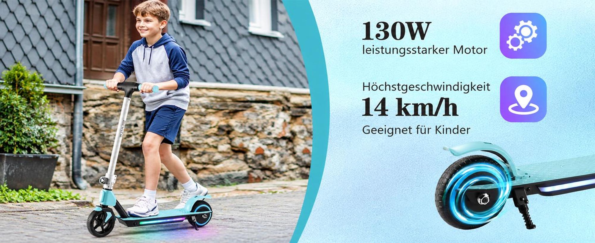 Elektroscooter S2 Blau Elektro Roller Für Kinder mit LED-Lichtern, Klappbar Elektroroller Für Kinder 6-12 Jahren, 130W, E Roller Kinder Geschenk