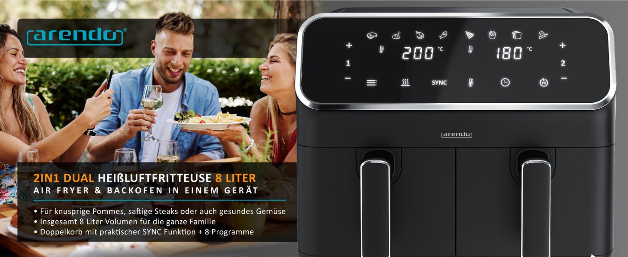 Arendo Heißluftfritteuse XXL, Doppelkammer, Dual Zone, 2in1 Backofen und Airfryer, 2x 4L, 2700W, 3D Umluft, 8 Programme, Timer, SYNC, Antihaft