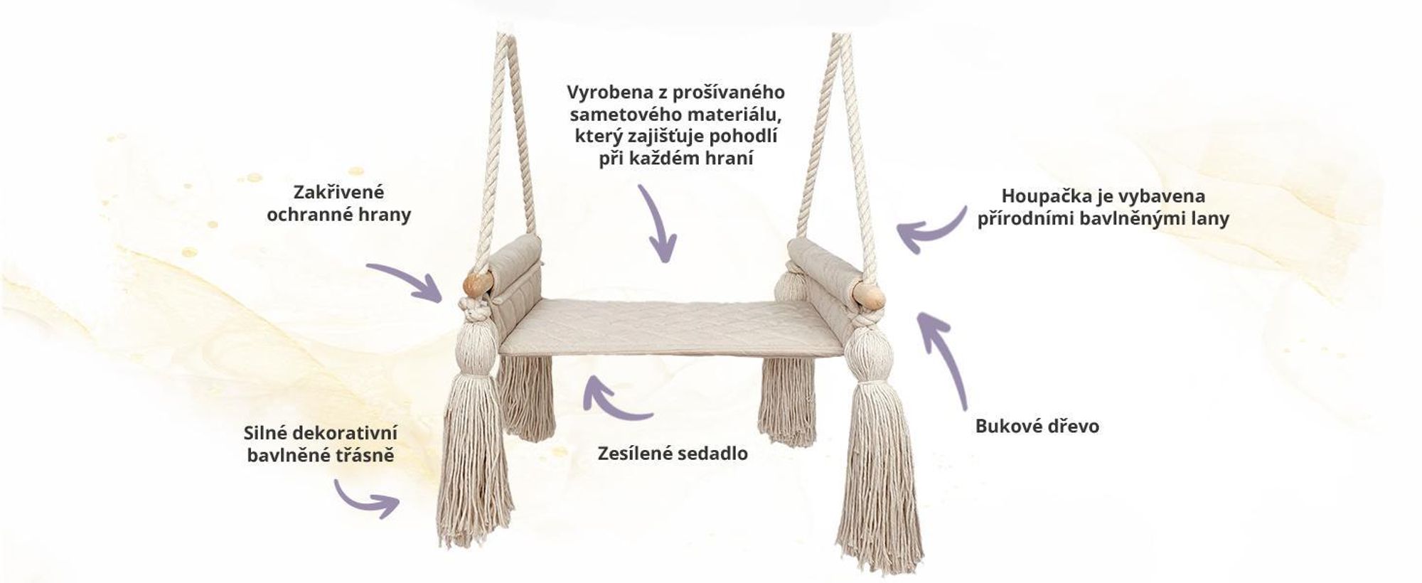 Create For You® - Dřevěná Houpačka Pro Děti S Bavlněným Lanem, Dětská Houpačka, Vnitřní Sedadlo S Měkkým Materiálem, Výškově Nastavitelná, Béžová