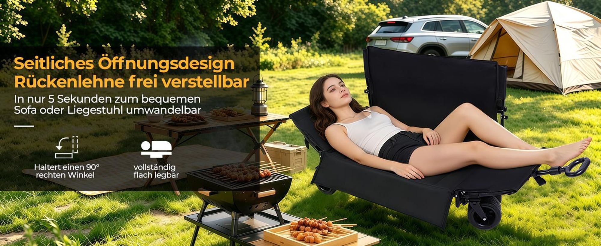 Faltbarer Bollerwagen 3-in-1 mit Sofa- & Liegefunktion, bis 380 kg, klappbar, verstellbare Rückenlehne, gepolstert, für Camping, Garten, Strand