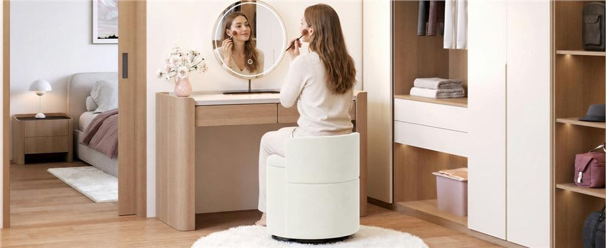 Yaheetech Drehbarer Sitzhocker mit Stauraum 40 L, gepolsterter Schminkhocker, Hocker für Schminktisch, aus Samtbezug, bis 136 kg, Weiß