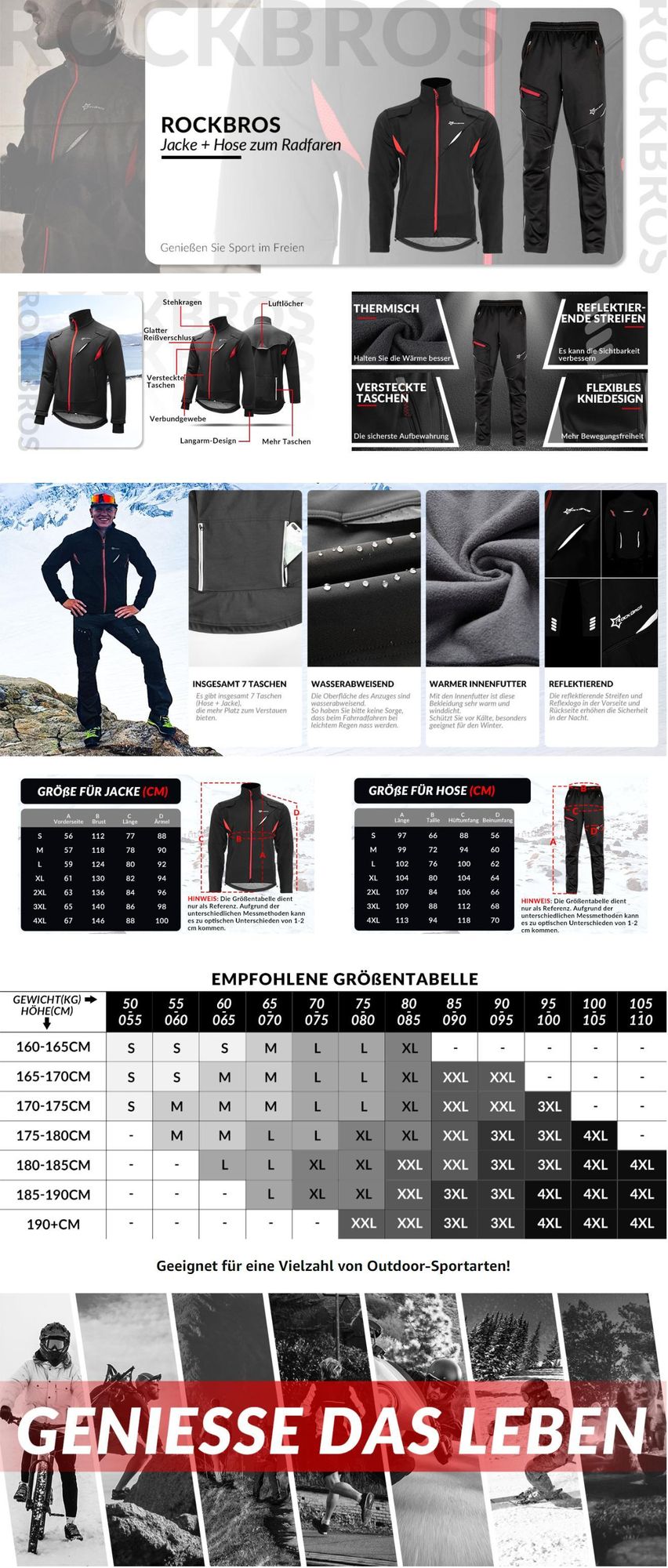 ROCKBROS Winter Fahrradbekleidung Fahrrad Jacke + Hose Set Winddicht Radjacke Freizeithose Herren Schwarz rot 2XL