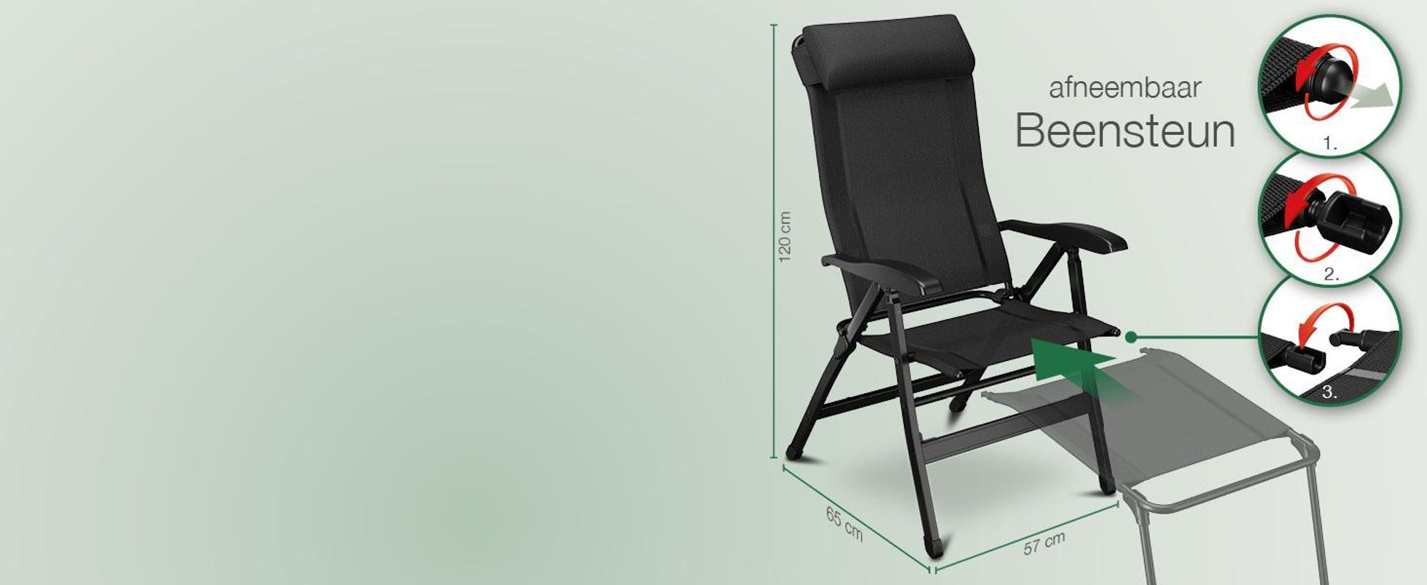 ELONEO Opvouwbare campingstoel met afneembare voetsteun, inklapbare stoel van aluminium, inklapbare tuinstoel, ligstoel met verstelbare rugleuning, zwarte campingstoel