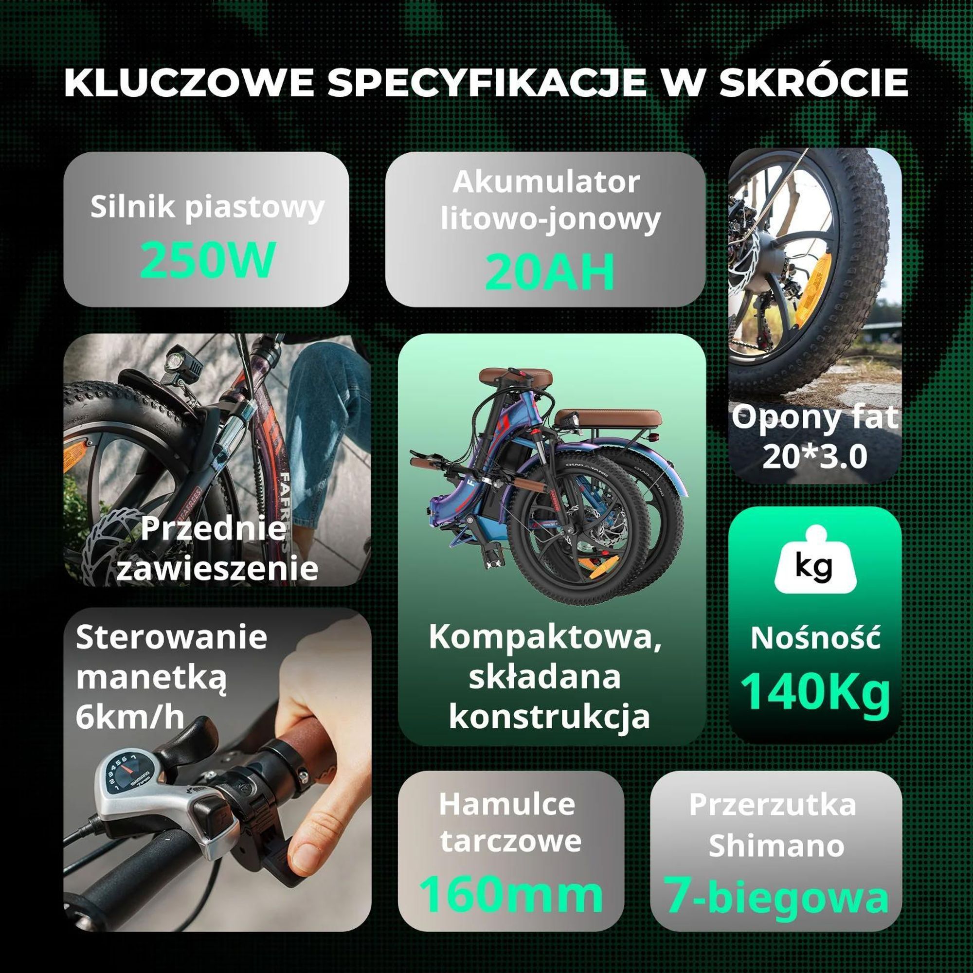 Rower Elektryczny FAFREES F20 Pro - Silnik 250W Akumulator 36V20Ah Opony 20" Mechaniczny Hamulec Tarczowy - Błękit Aurory
