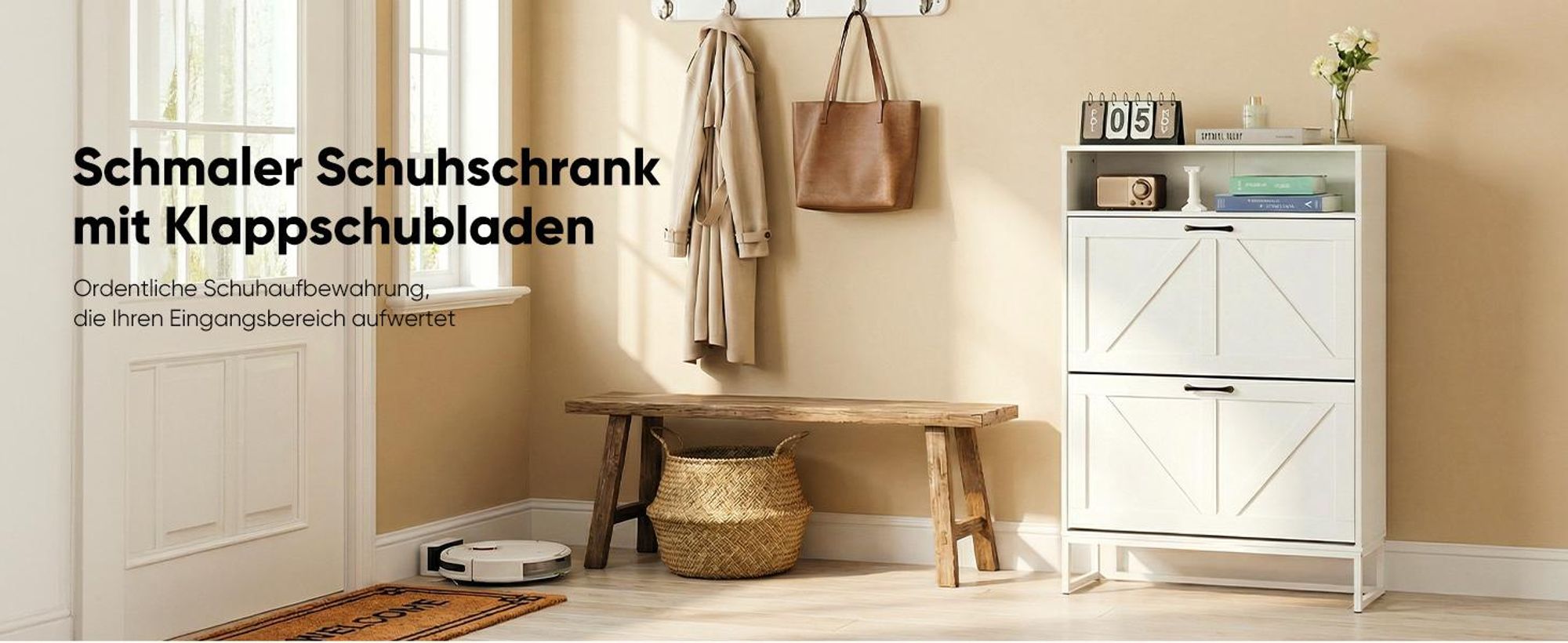 HOKEEPER Schuhschrank 2 Klappen, Schuhkipper, Shoe Cabinet, freistehendes schmales Schuhregal, Schuhkommode für Eingangsbereich für 18-24 Paar Schuhe