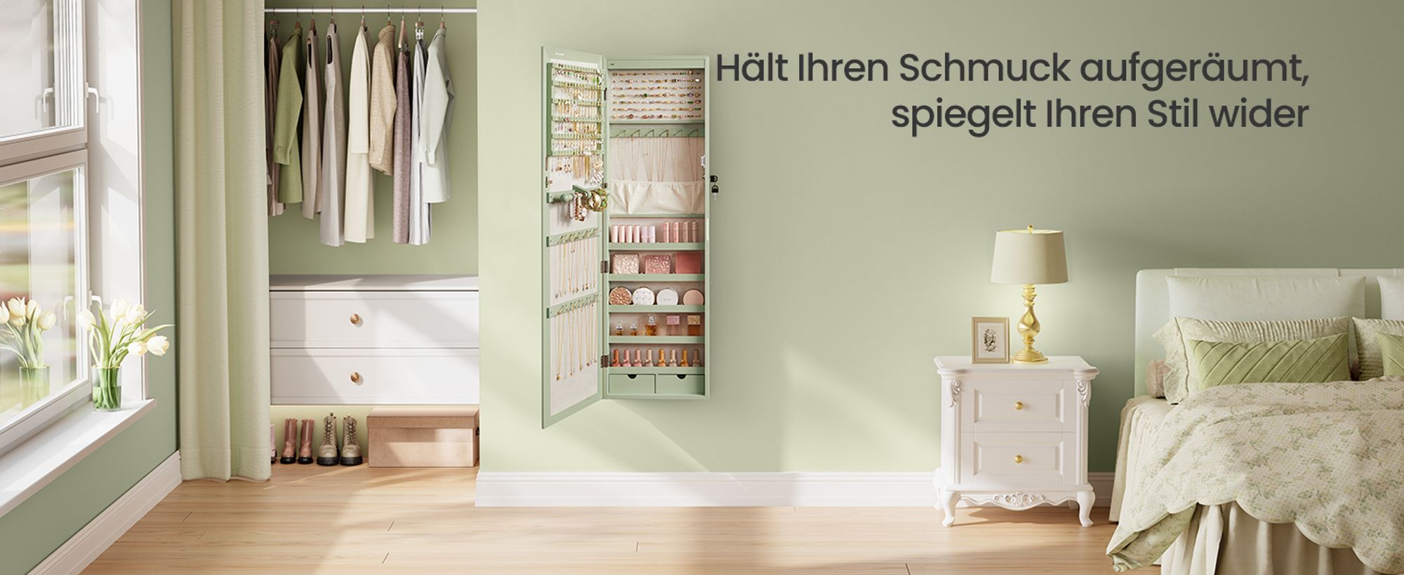 SONGMICS Schmuckschrank mit LED-Beleuchtung, 120 cm hoch, Schmuck-Organizer, abschließbar, Spiegelschrank, Wandmontage, an der Tür aufhängen