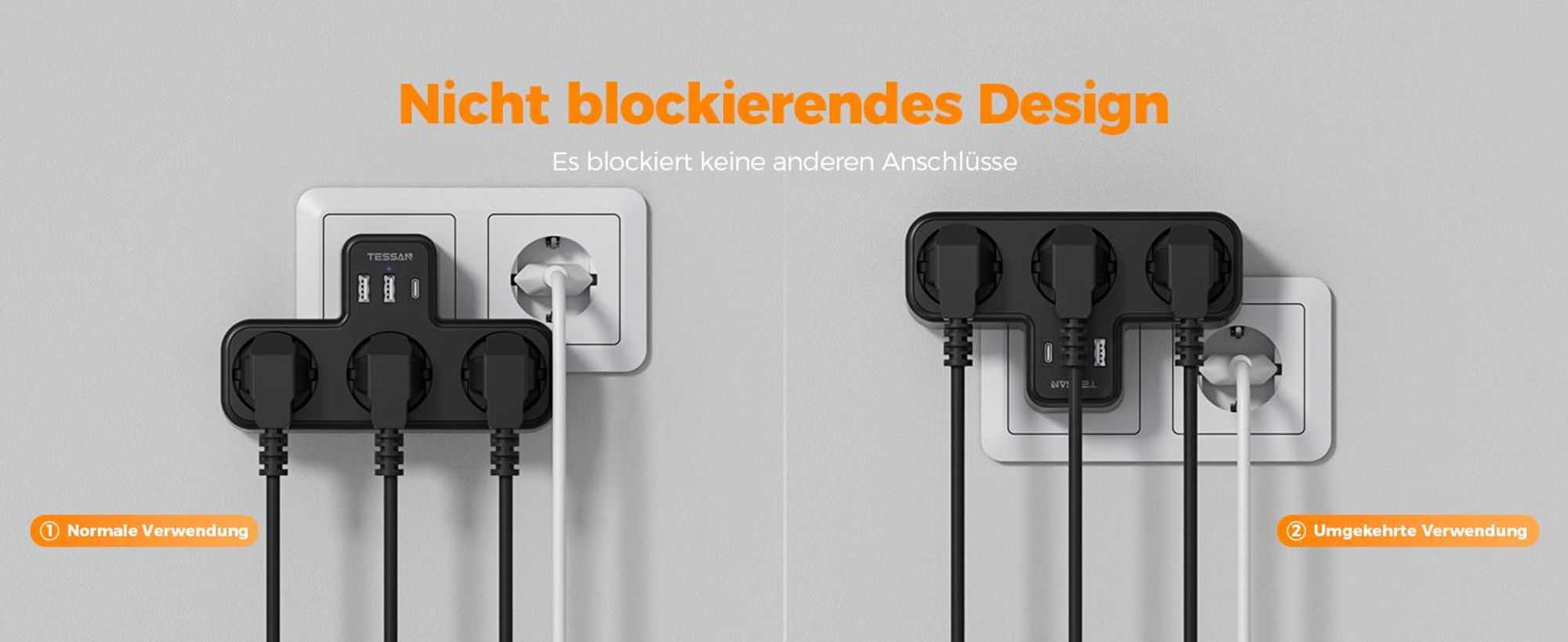 TESSAN Mehrfachstecker mit USB für Steckdose 3 Fach Steckdosenadapter mit 2 USB A und 1 USB C 3600W Mehrfachsteckdose Ladegerät Schwarz