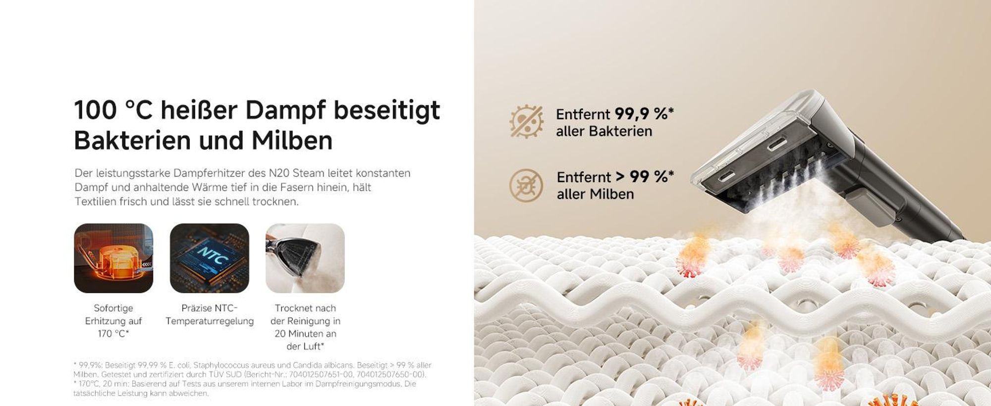 Dreame N20 Tragbarer Nass-und Trockensauger,17kPa Saugkraft,100°C Dampfreinigung,70°C Heißwasserreinigung,20Min Schnelltrocknung,Selbstreinigung