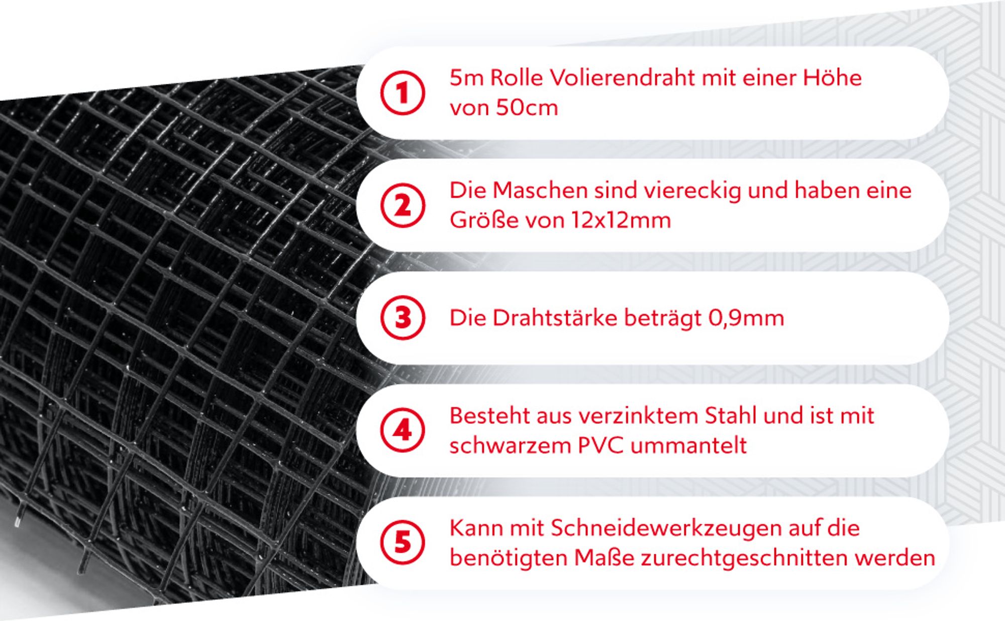 Wiltec Maschendrahtzaun Schwarz 50 cm x 5 m, 0,9 mm Stärke 12x12 mm Maschengröße, Volierendraht 4-Eck aus Stahl verzinkt, Drahtgitter, Vogeldraht