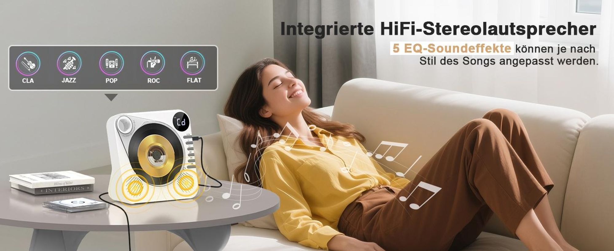 CD Player, Bluetooth CD-Player, Tragbar CD Player, Bluetooth Lautsprecher, mit Fernbedienung, HiFi-Sound, FM-Radio, AUX/USB-Wiedergabe