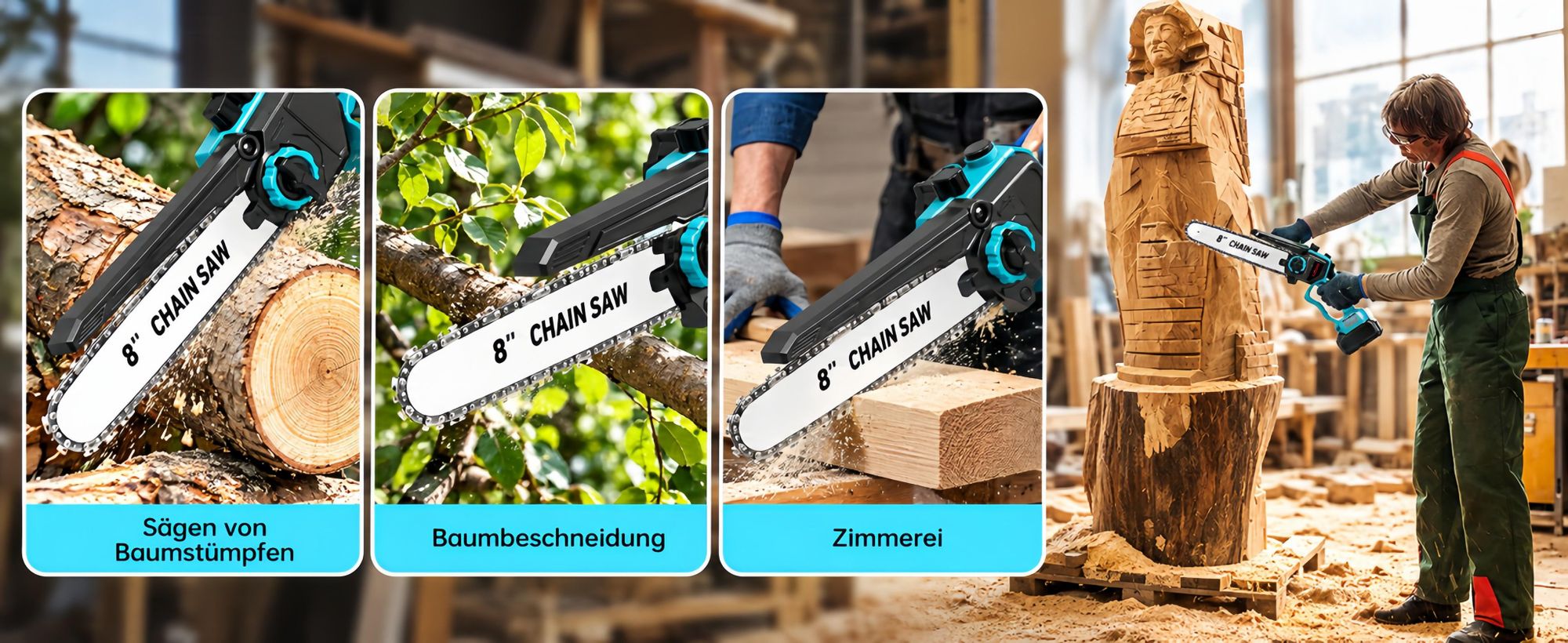 Akku-Kettensäge 6/8 Zoll, 2-in-1 Mini Kettensäge Brushless, 1500W, 2×21V 4,0Ah Akku, Automatische Kettenschmierung, Werkzeuglose Kettenspannung