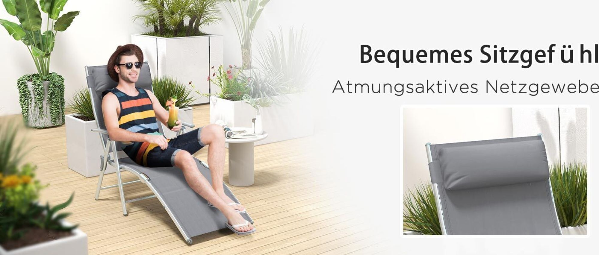 Outsunny Sonnenliege Liegestuhl Gartenliege 7 Positionen verstellbar Grau