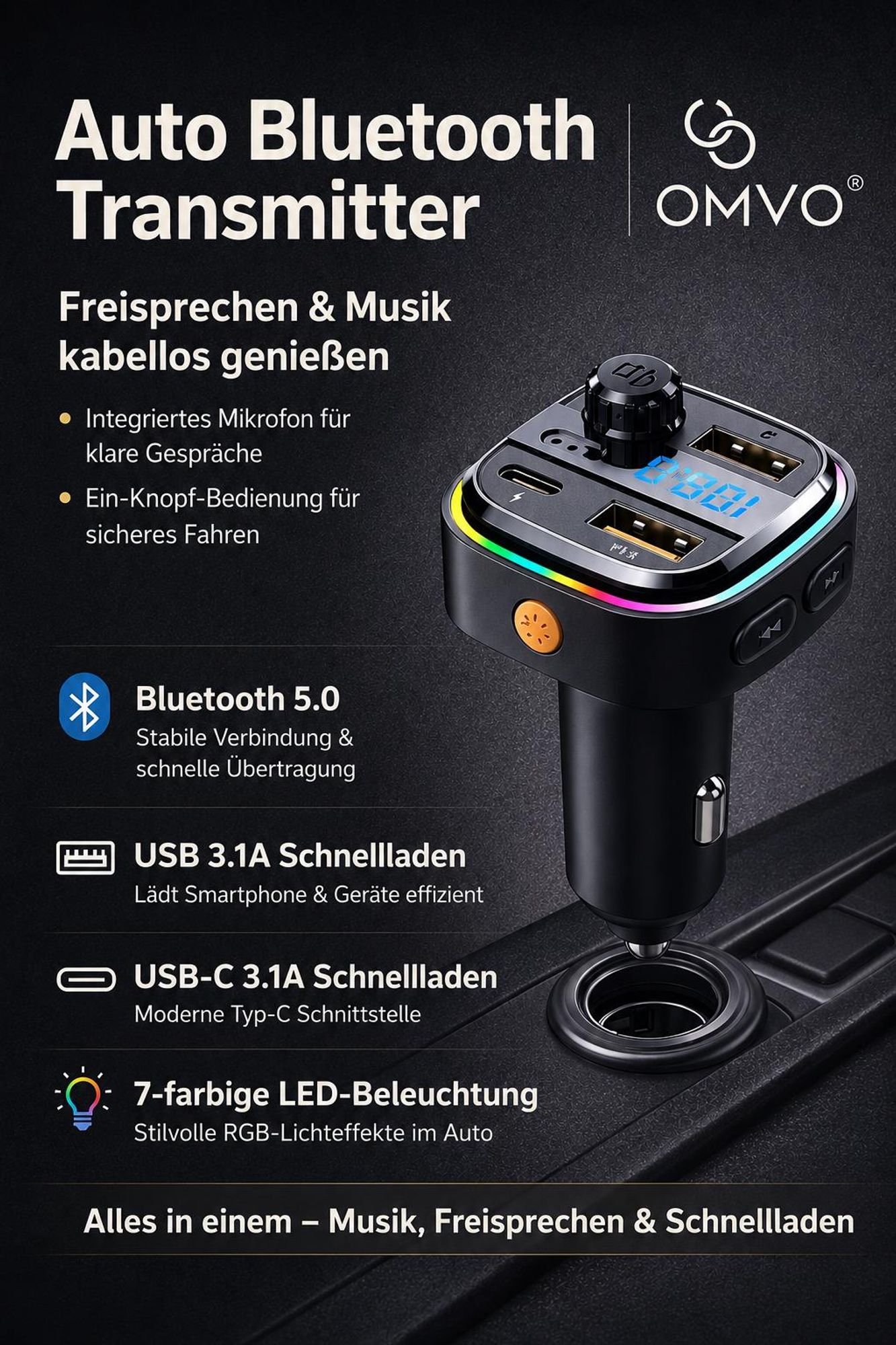 OMVO® Bluetooth FM Transmitter Auto Ladegerät für Zigarettenanzünder USB-C USB-A
