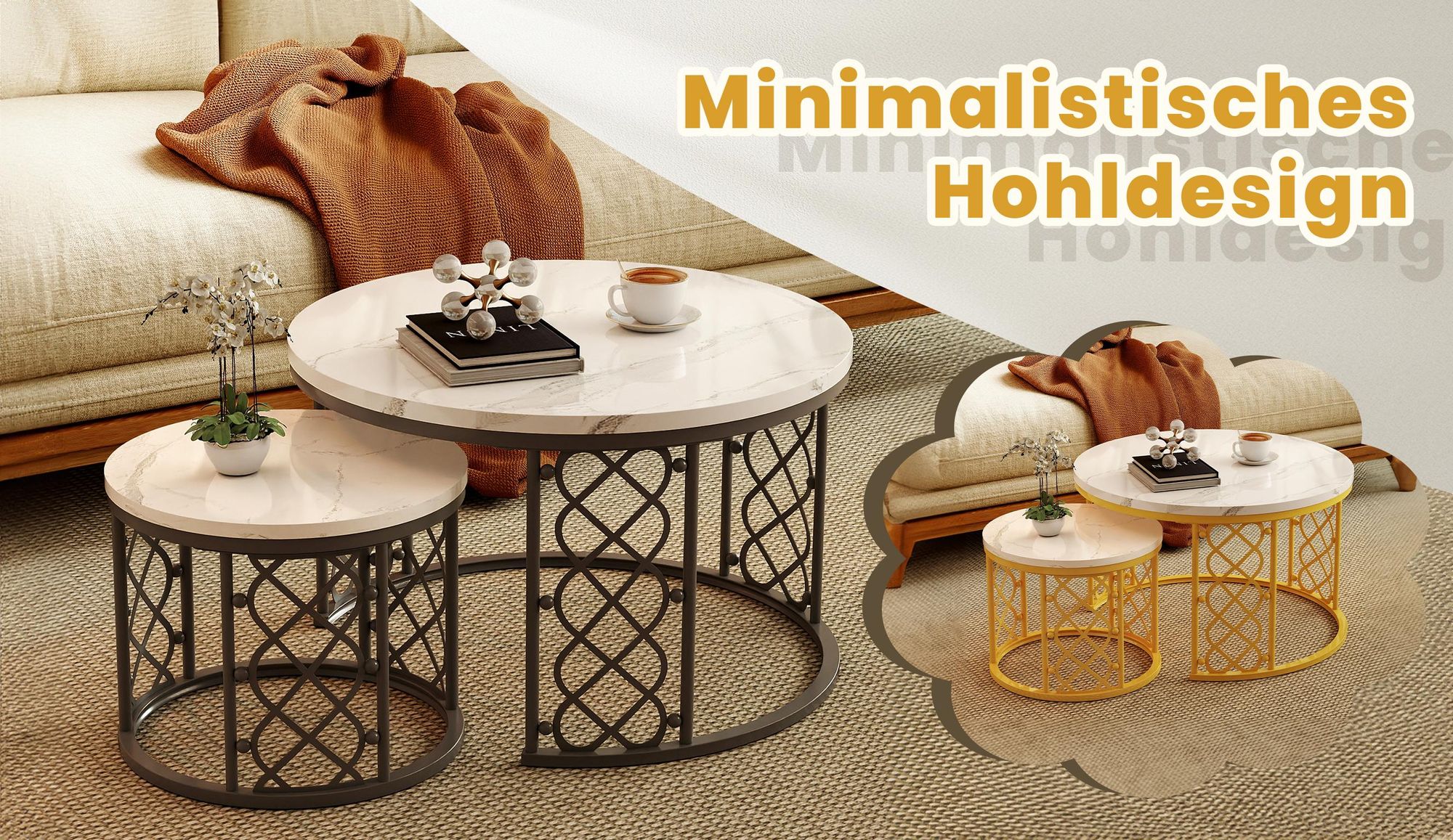 MODFU Couchtisch rund schwarz,2er set Sofatisch mit weiße Tischplatte,Wohnzimmertisch, Satztische, Beistelltisch für Schlafzimmer und Wohnzimmer