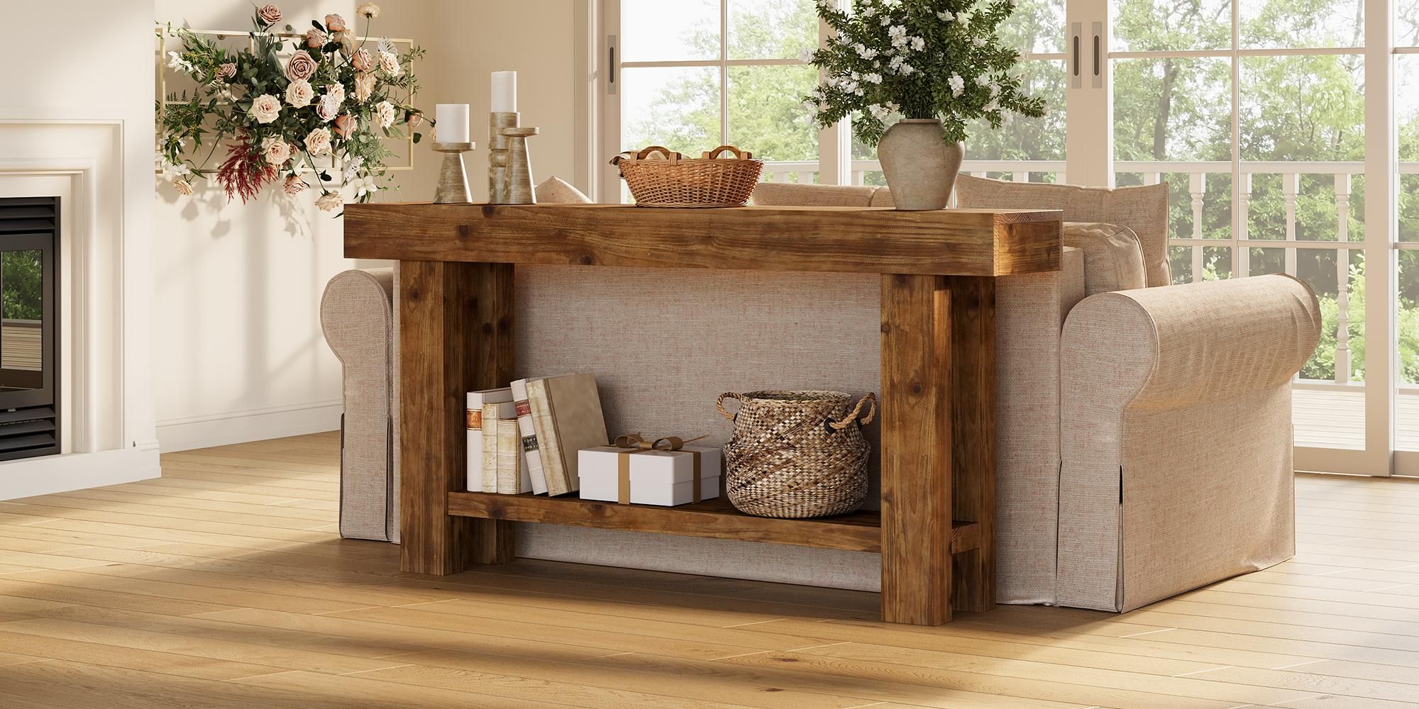 160 cm Konsolentisch aus Massivholz, schmaler Landhaus-Sofatisch mit 2 Ablageflächen, für Wohnzimmer, Flur, Eingangsbereich, Foyer, rustikales Braun
