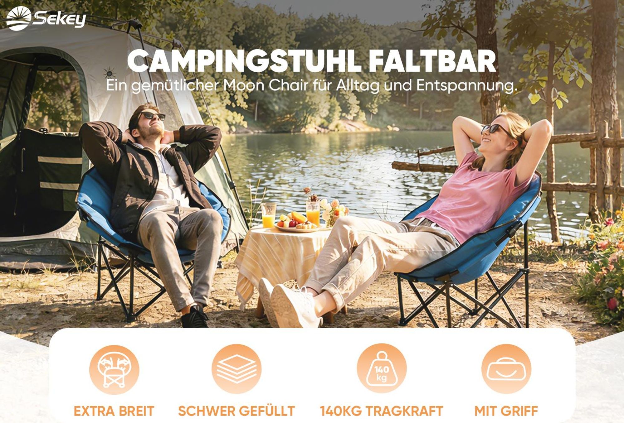 Sekey 2er Set Klappstuhl Gepolstert Camping Klappsessel XXL Campingstuhl Faltbar Gartenstuhl Klappbar Sessel bis 140KG