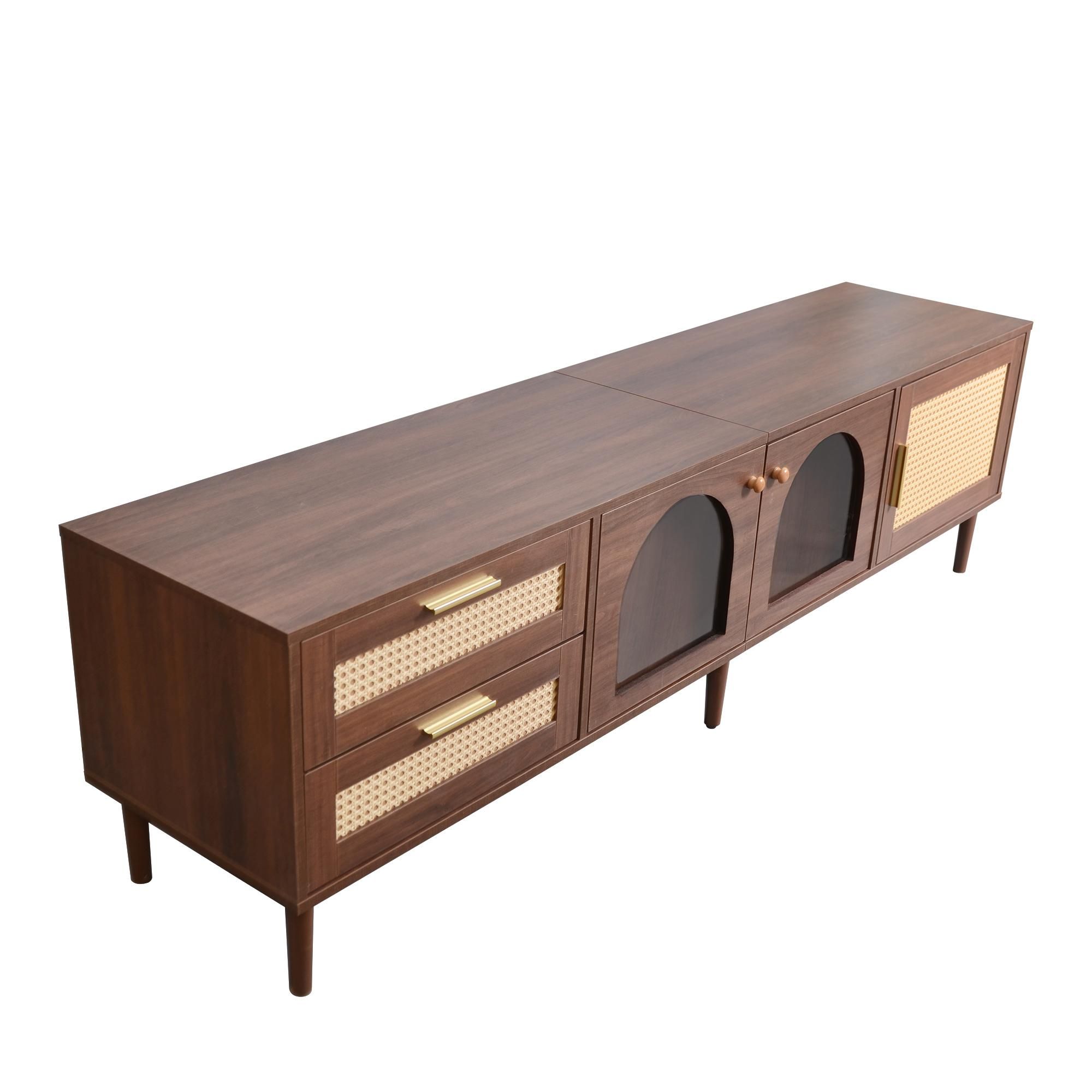Merax TV-Schrank 180cm mit 2 Rattan-Schubladen, 2 Glastüren und 1 Rattan-Tür, TV-Lowboard für 80-Zoll Fernseher, TV-Möbel mit LED und Glas, Braun
