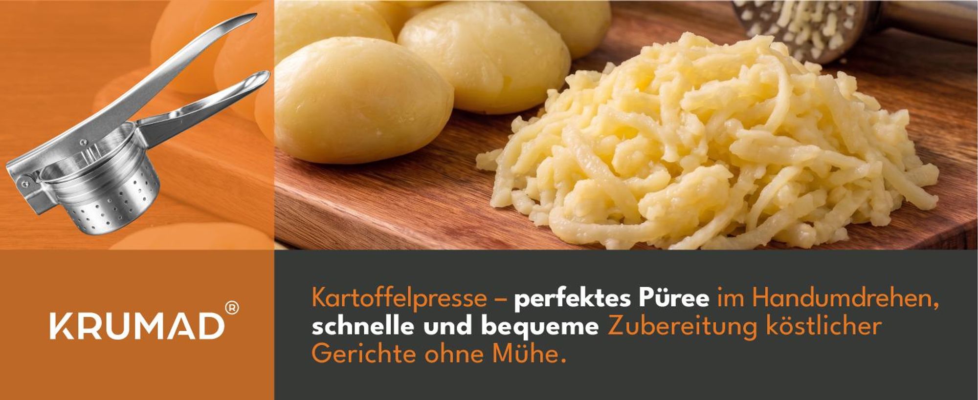 KRUMAD Kartoffelpresse aus Metall 26,5 cm, Kartoffel- & Spätzlepresse, Kartoffelstampfer für Püree, Gnocchi, Gemüse & Füllungen