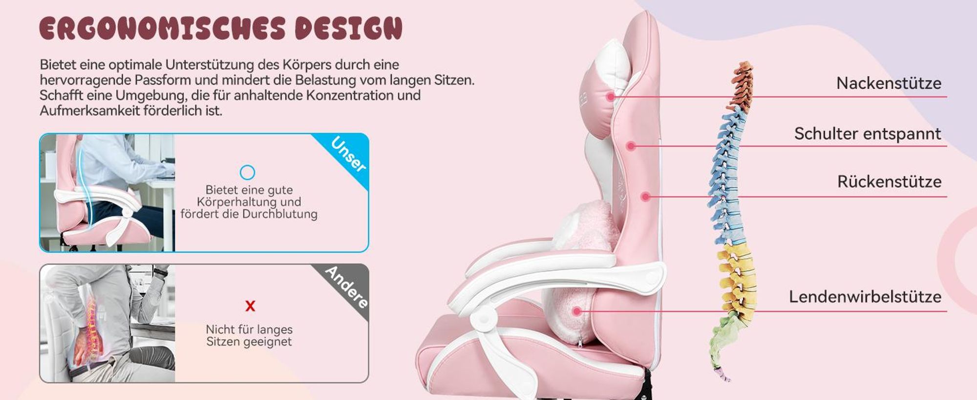 Puluomis Gaming Stuhl mit Fußstütze, Bürostuhl Chefsessel Schreibtischstuhl Racing Stuhl ergonomisch drehbar höhenverstellbar Katze Weiß Pink