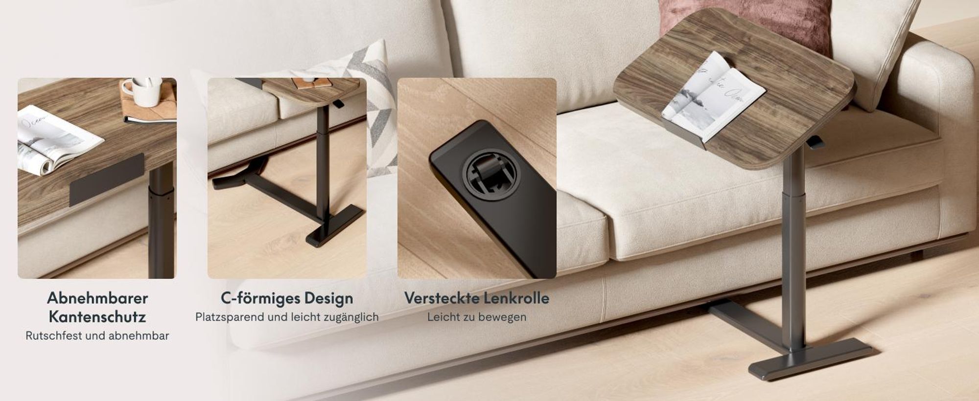 FLEXISPOT Beistelltisch Höhenverstellbar in C-Form, klappbarer Laptoptisch mit Rollen, 65–105 cm, Nachttisch, für Bett und Sofa, Braun
